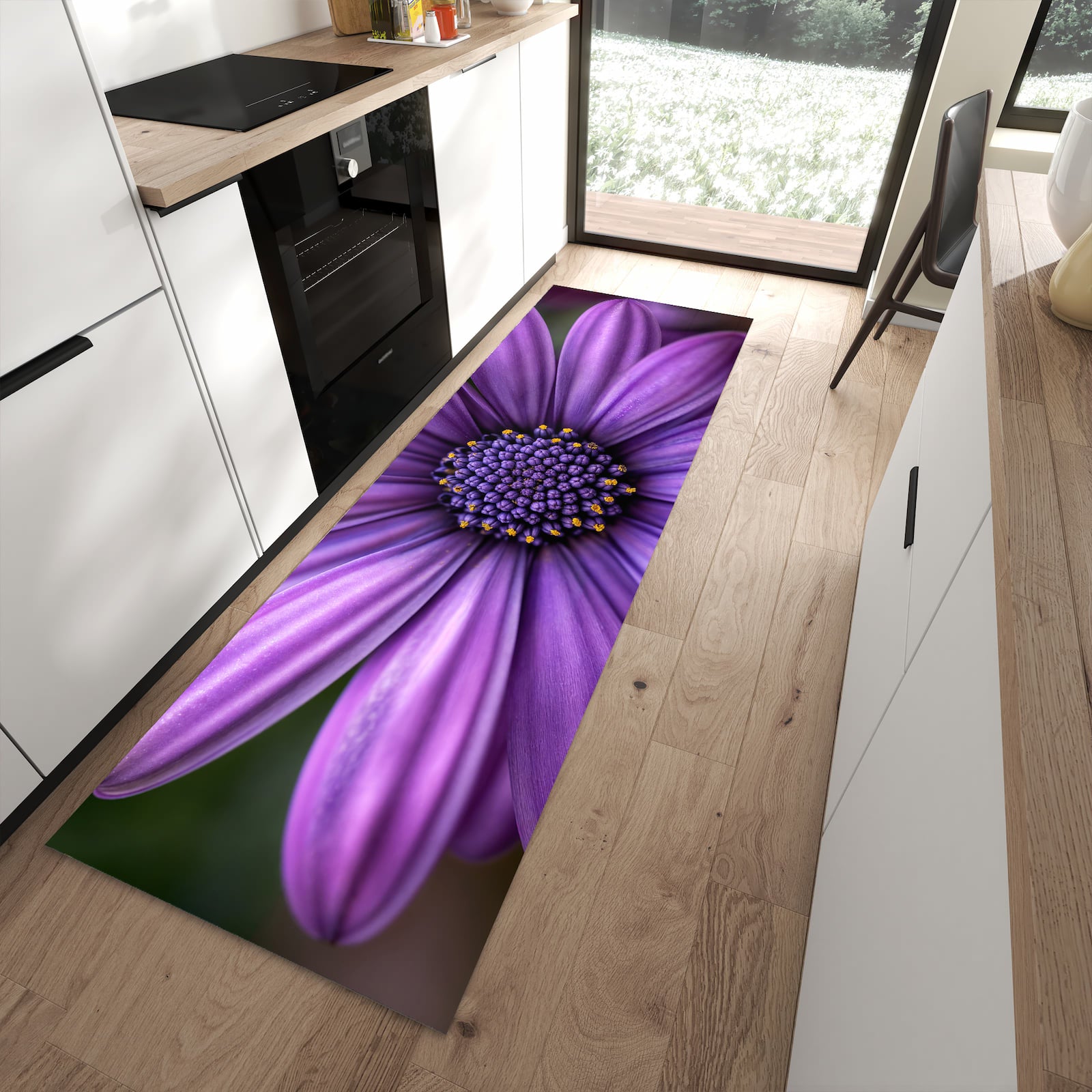 UV-beständiger Küchenläufer mit Motiv Blume Nahaufnahme in moderner Küche