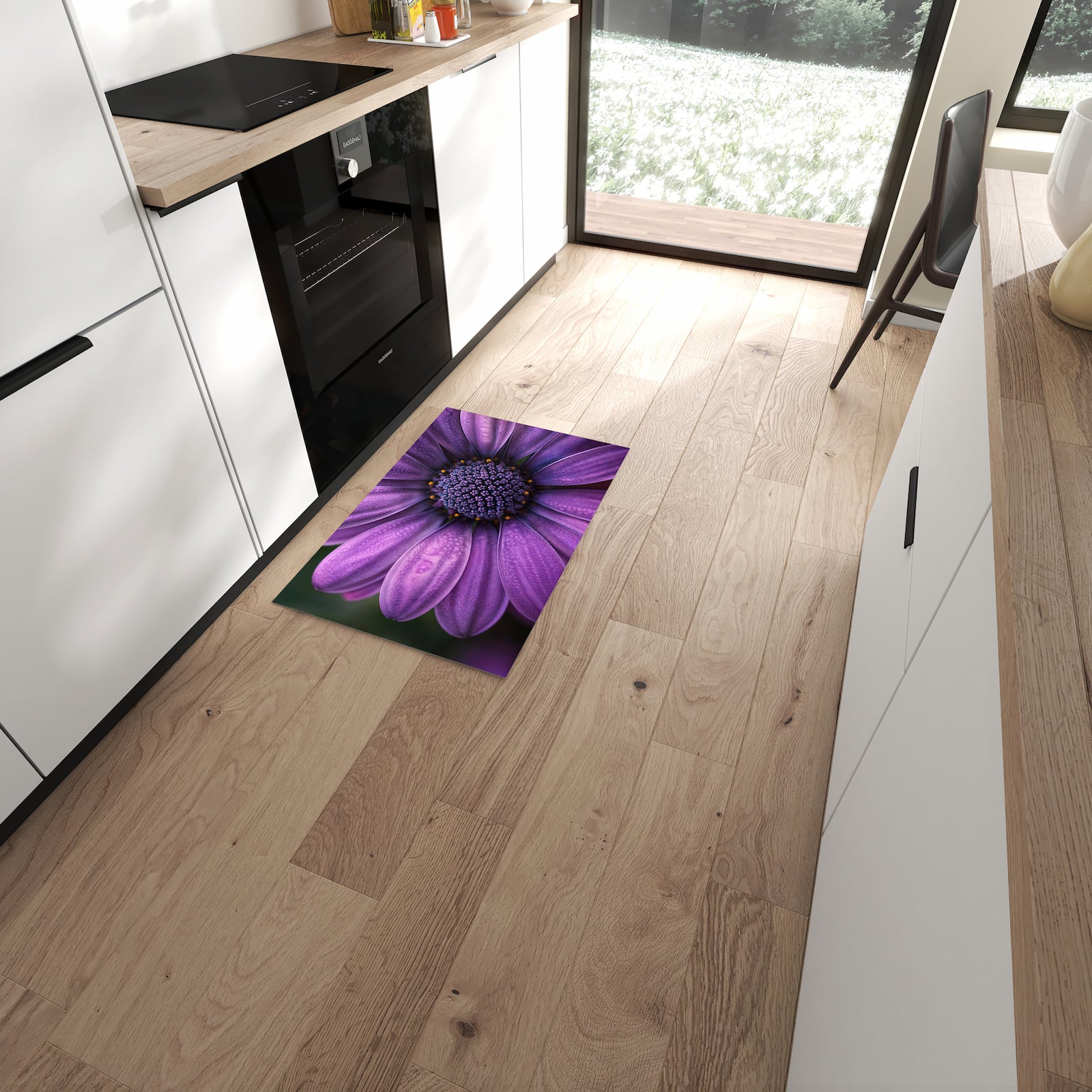 Hygienischer rutschfester Küchenteppich mit Motiv Lila Blütenwunder in moderner Küche