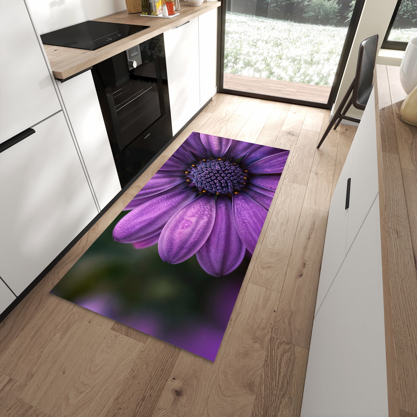 Feuchtigkeitsresistenter Küchenteppich mit Motiv Lila Blütenwunder in moderner Küche