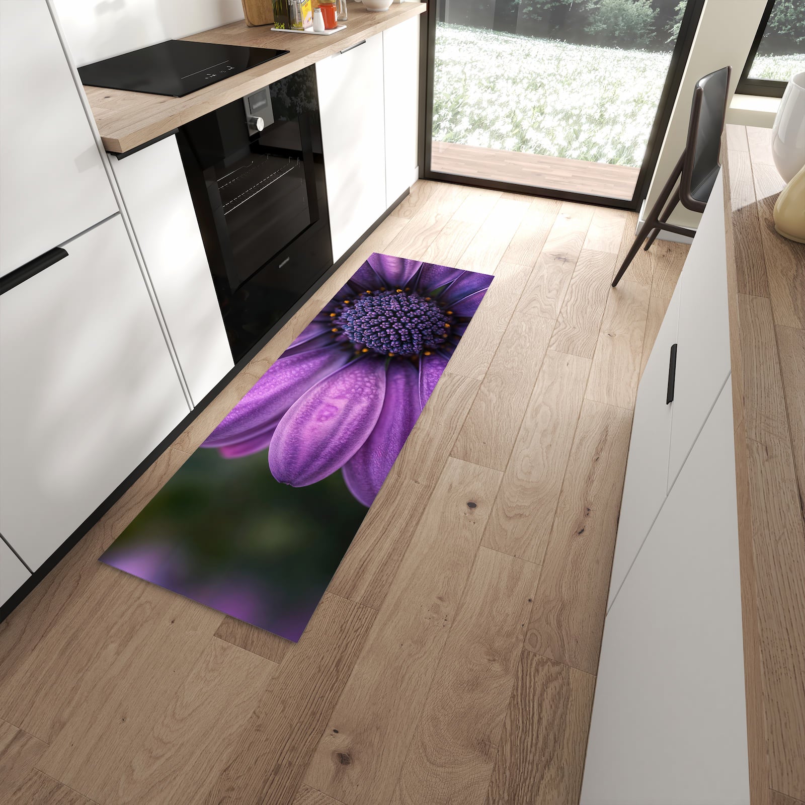 Flacher Küchenläufer mit Motiv Lila Blütenwunder in moderner Küche