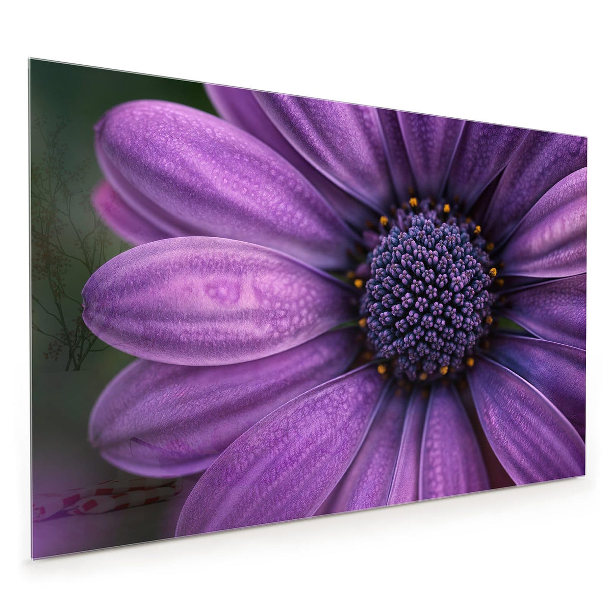 Küchenrückwand aus Glas im Hochformat mit Motiv Violette Samtblüte: Extreme Nahaufnahme samtiger violetter Blütenblätter mit dunklem, gelb getupftem Zentrum.