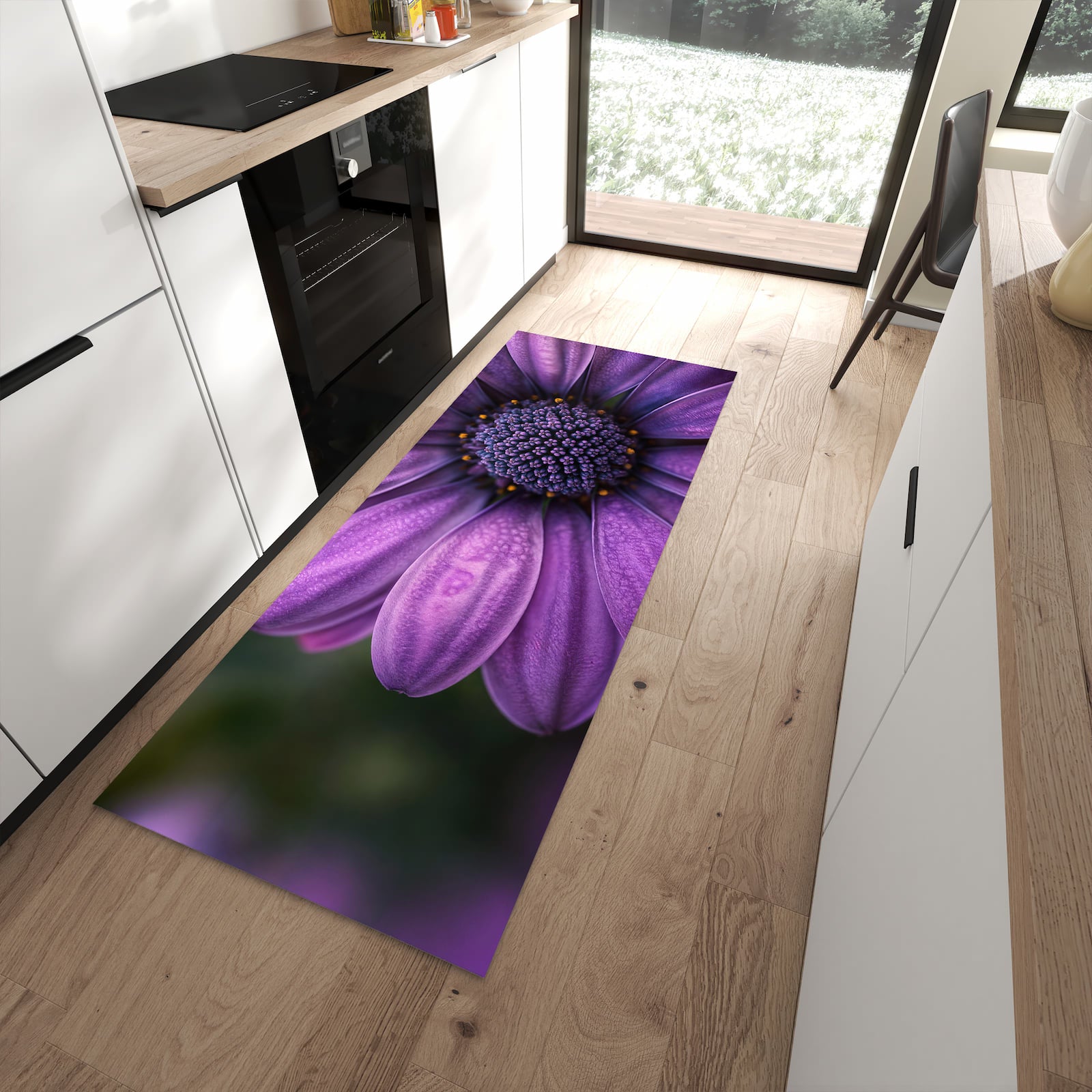 Strapazierfähiger Küchenteppich mit Motiv Lila Blütenwunder in moderner Küche