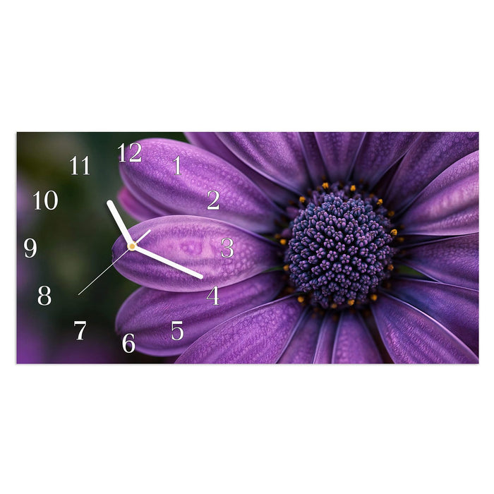 Wanduhr Lila Blütenwunder aus Glas – Querformat 60 × 30 cm mit Ziffernblatt Klassisch