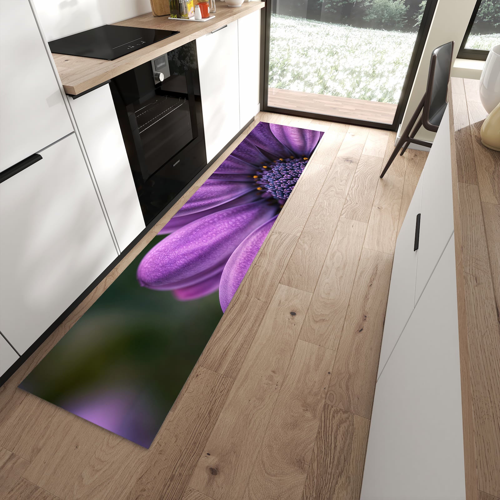 Waschbarer Küchenteppich mit Motiv Lila Blütenwunder in moderner Küche