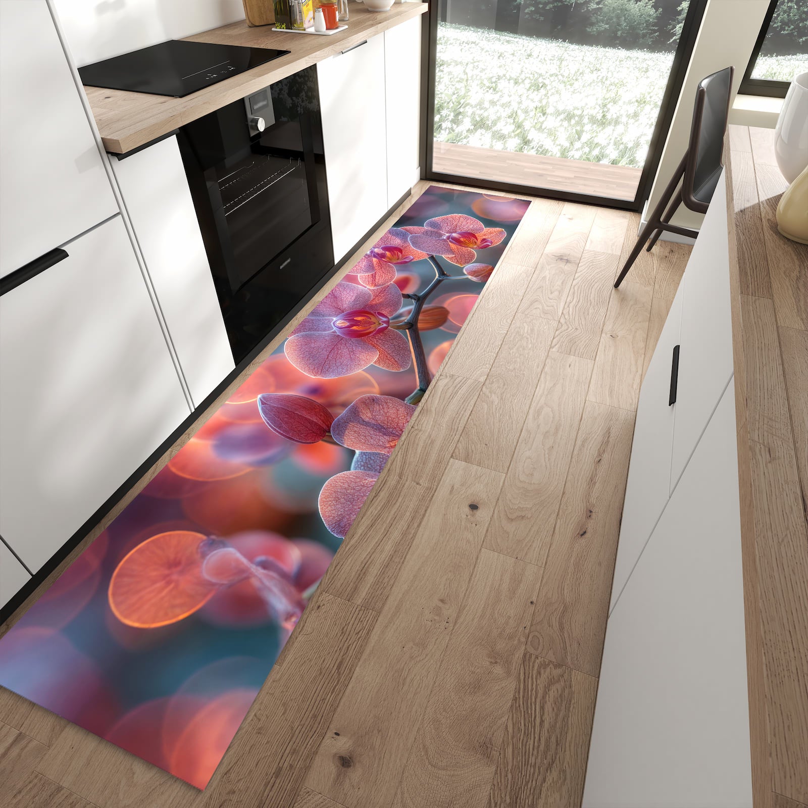 Zeitsparender abwaschbarer Küchenteppich mit Motiv Orchidee Bokeh in moderner Küche