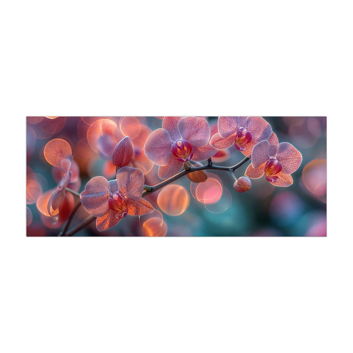 Küchenrückwand aus Glas Orchideen vor Orange im Hochformat, Motiv bildfüllend von vorn