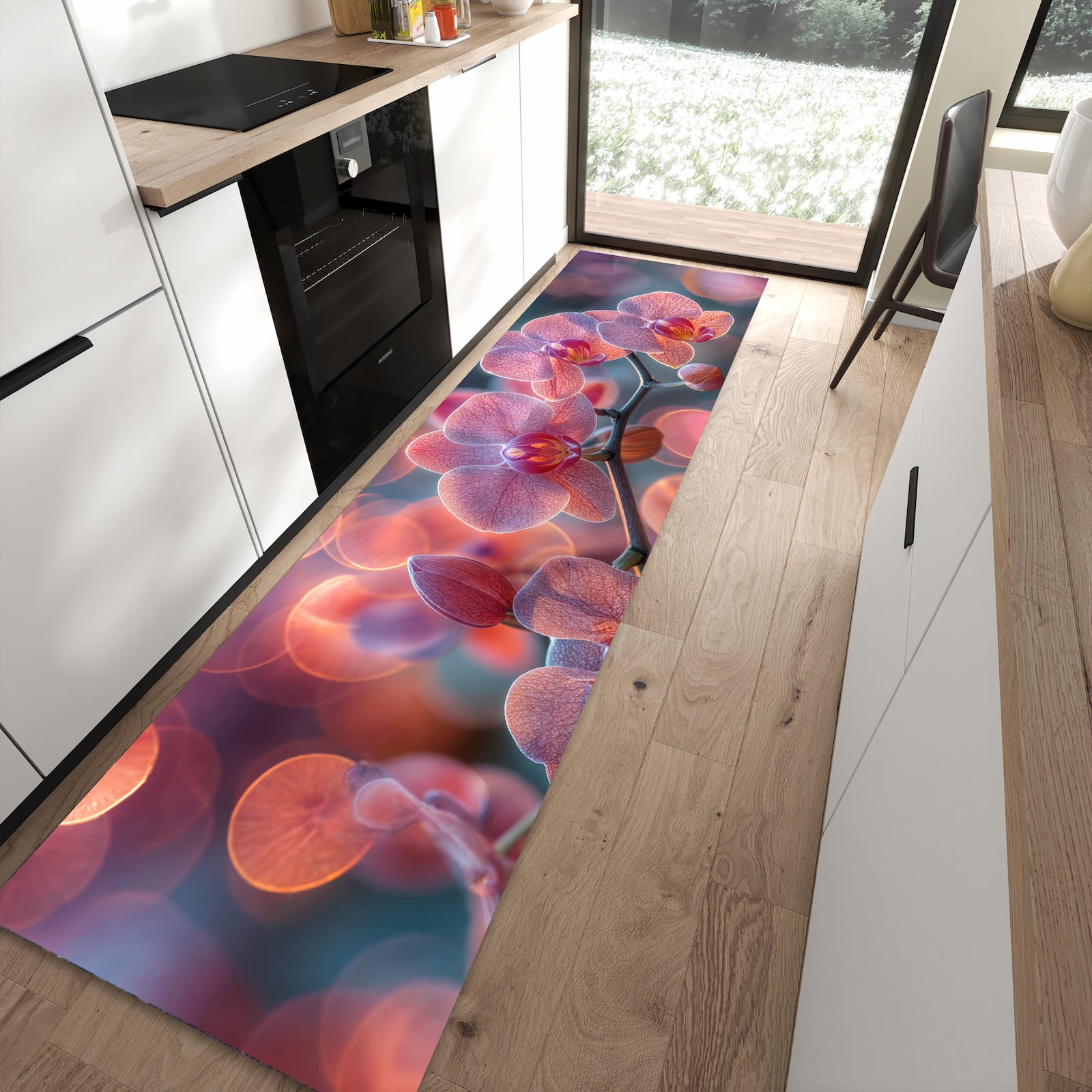 Wasserabweisender Teppich für die Küche mit Motiv Orchidee Bokeh in moderner Küche