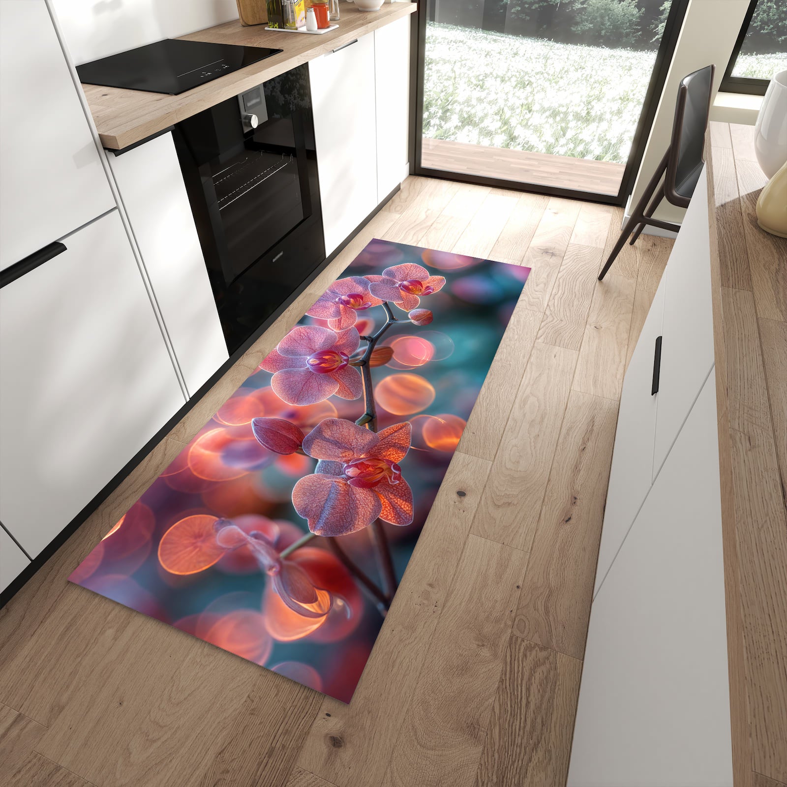 Abriebfester Küchenteppich mit Motiv Orchidee Bokeh in moderner Küche