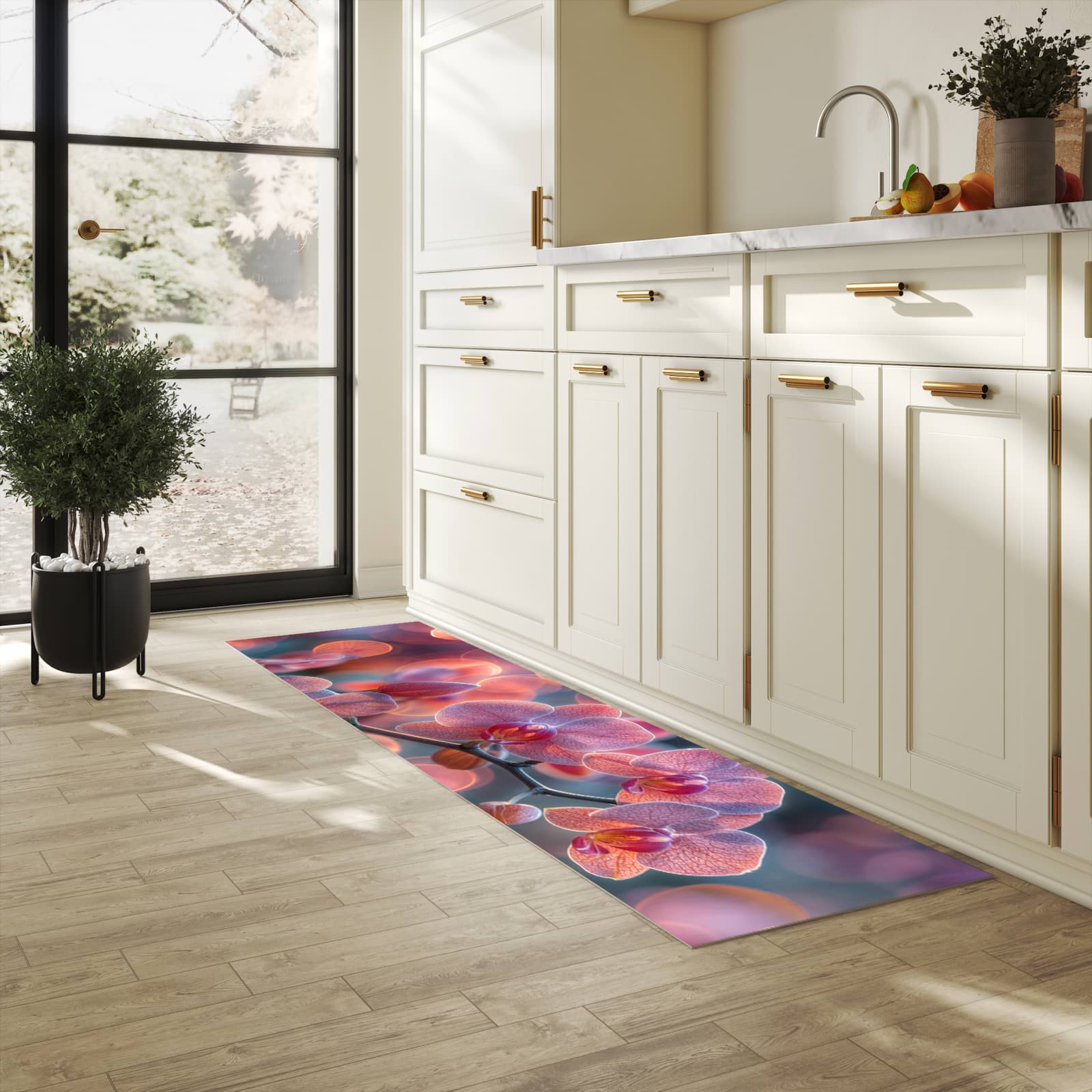 Zeitsparender großer Küchenteppich mit Motiv Orchidee Bokeh in heller Küche