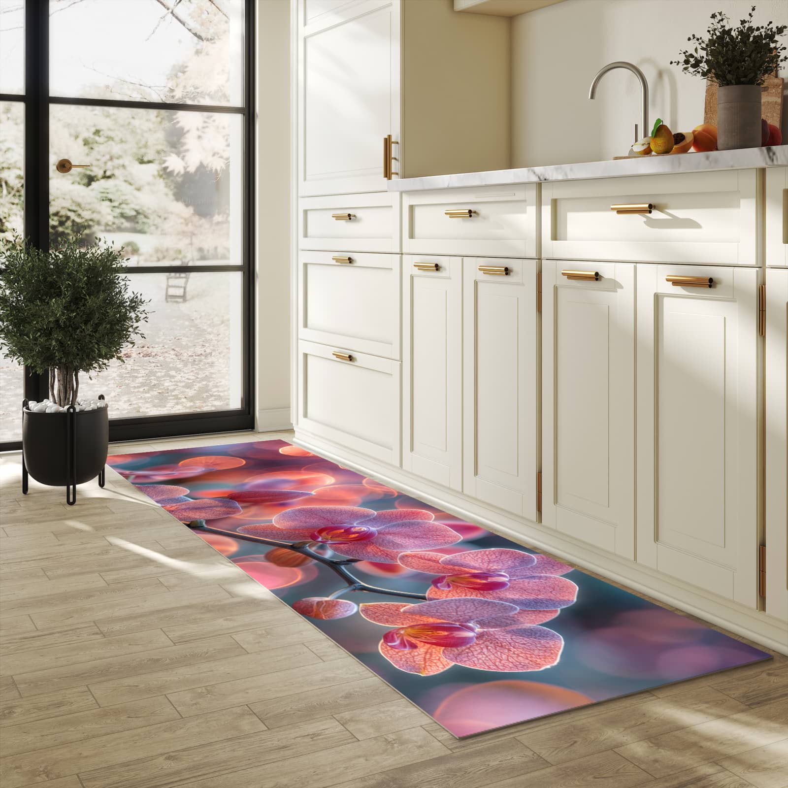 Fleckenresistenter Küchenläufer mit Motiv Orchidee Bokeh in heller Küche