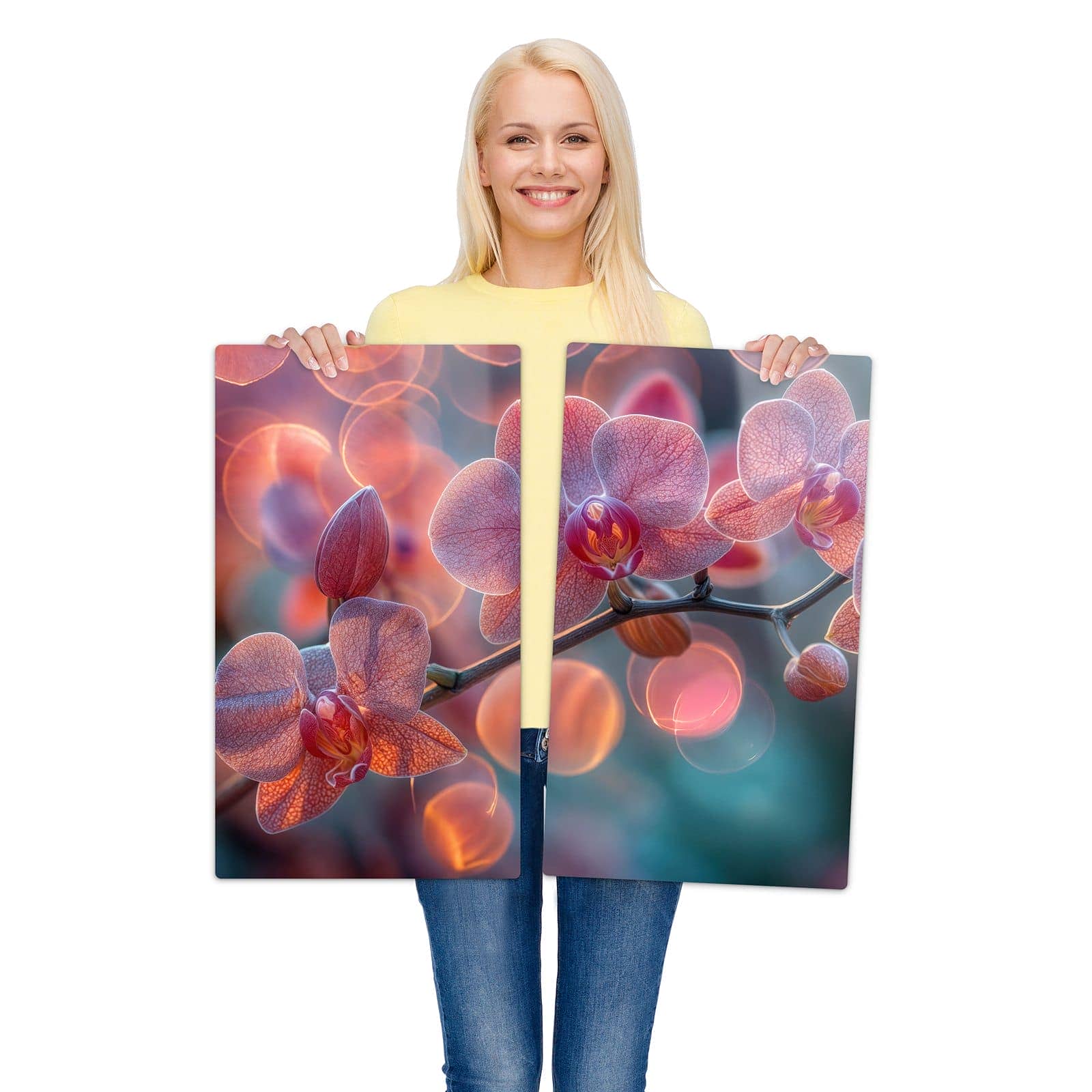 2-teilige Herdabdeckplatte aus Glas mit Orchidee Bokeh-Motiv wird zur Größendarstellung gehalten