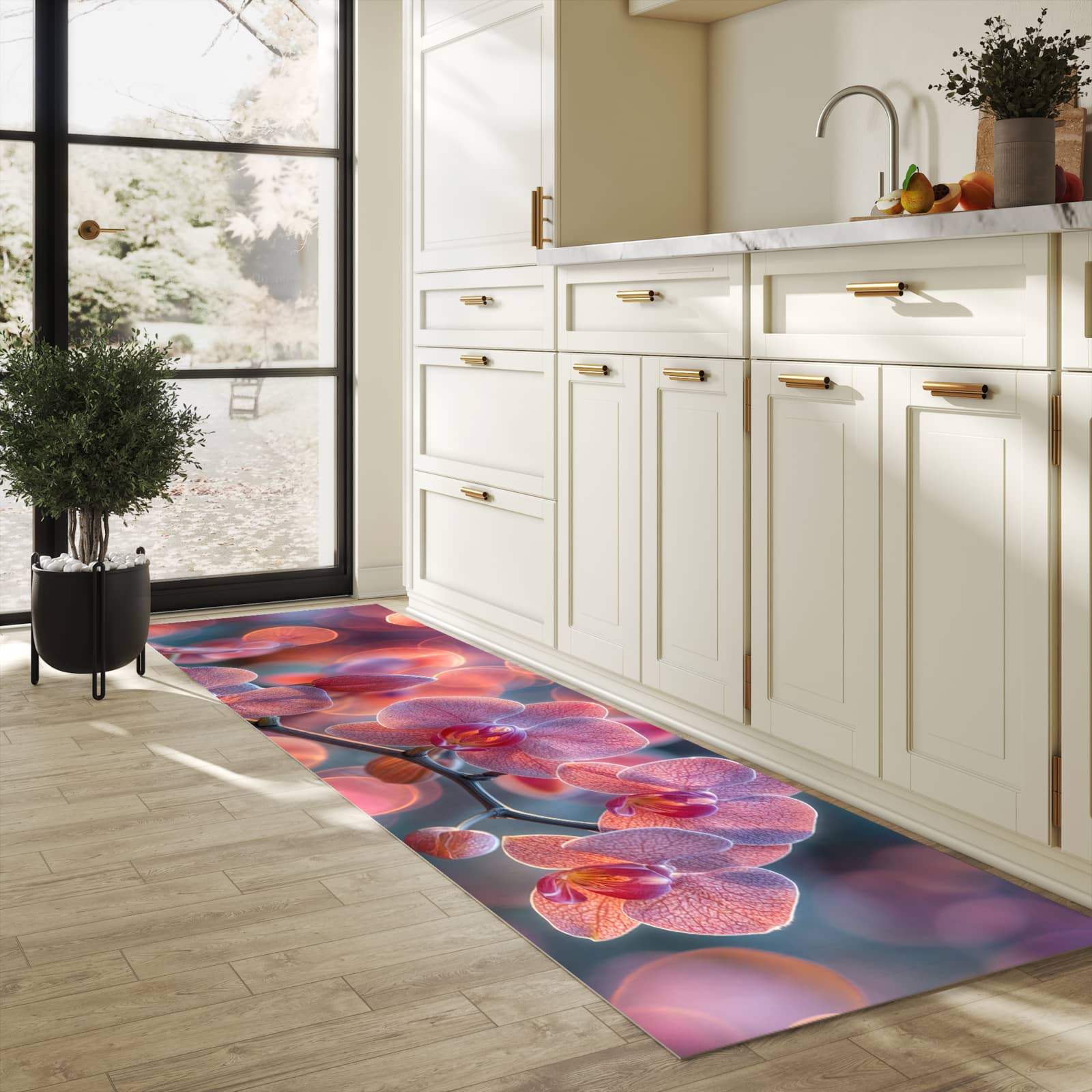 Schmutzabweisender rutschfester Küchenläufer mit Motiv Orchidee Bokeh in heller Küche