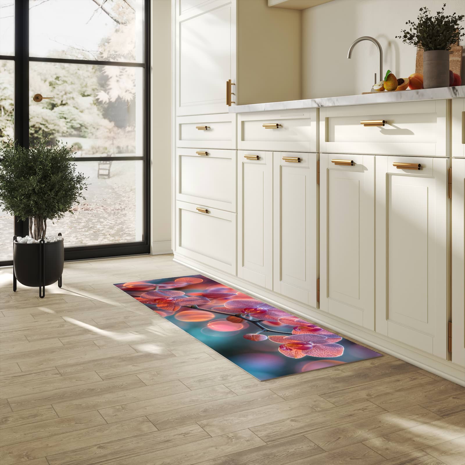 Waschbarer Küchenteppich mit Motiv Orchidee Bokeh in heller Küche für sichere Aufbewahrung