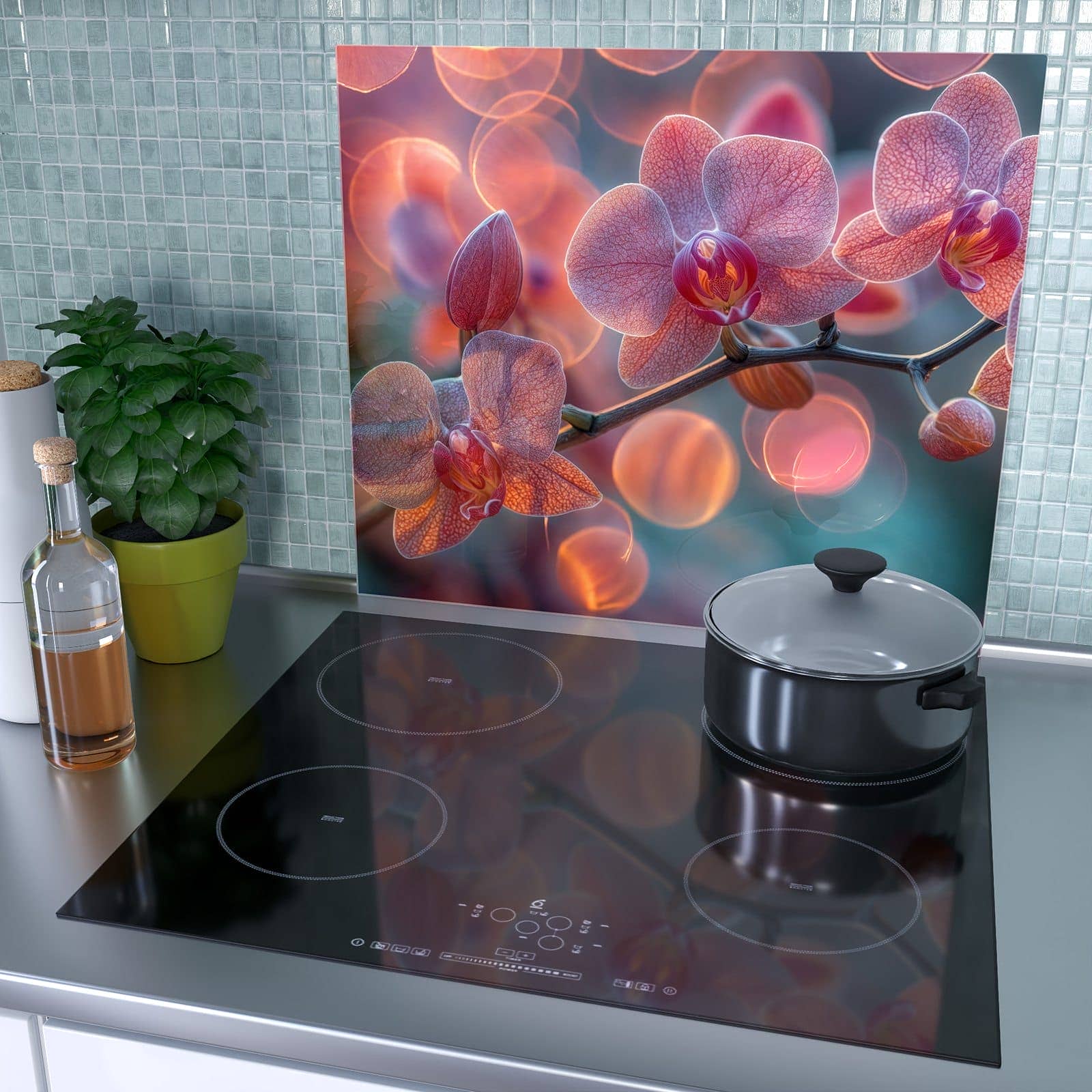 1-teilige Herdabdeckplatte für Ceranfeld mit Orchidee Bokeh-Motiv als Spritzschutz