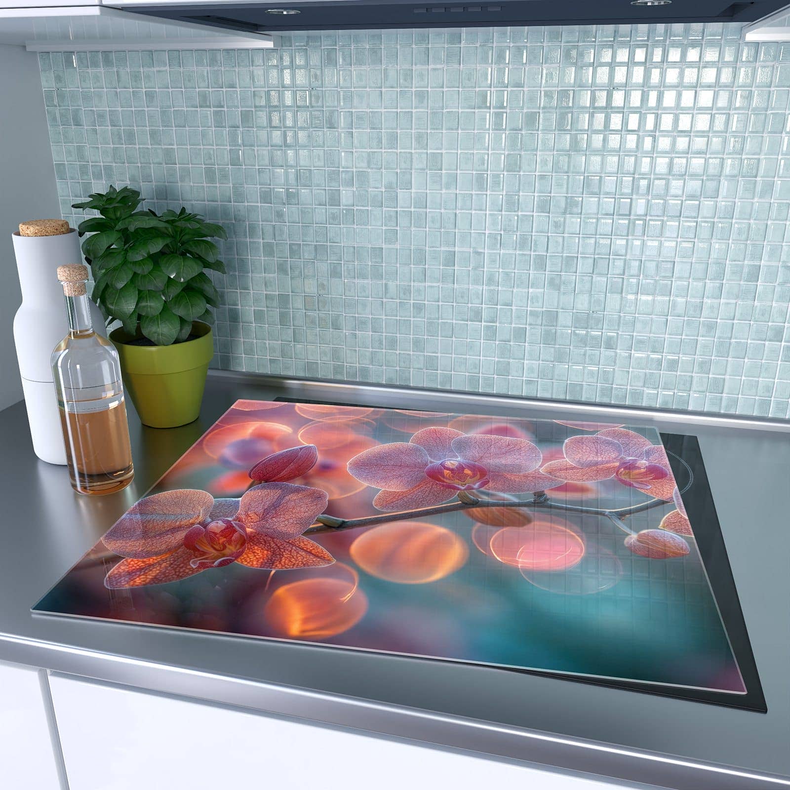 1-teilige Herdabdeckplatte mit Orchidee Bokeh-Motiv auf dem Ceranfeld