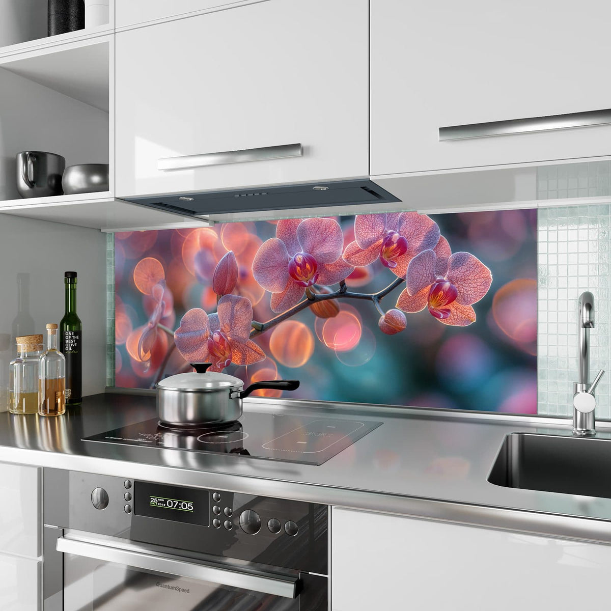 Küchenrückwand Orchideen vor Orange aus Glas – Rosa Orchideen vor warmem Bokeh