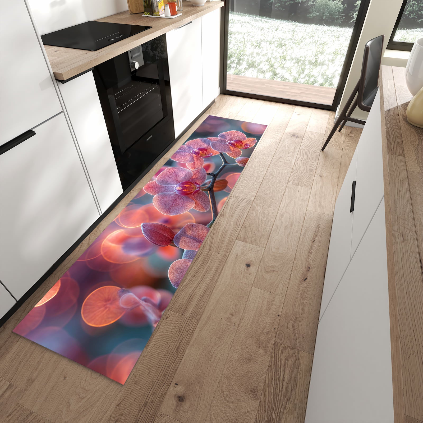 Formstabiler Küchenläufer mit Motiv Orchidee Bokeh in moderner Küche