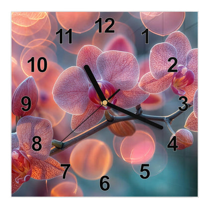 Wanduhr Quadratisch mit dem Motiv Orchideen vor Orange