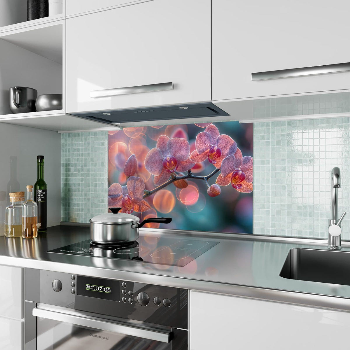 Küchenrückwand aus Glas Orchideen vor Orange im Hochformat als Spritzschutz hinter dem Kochfeld, über dem Fliesenspiegel montiert