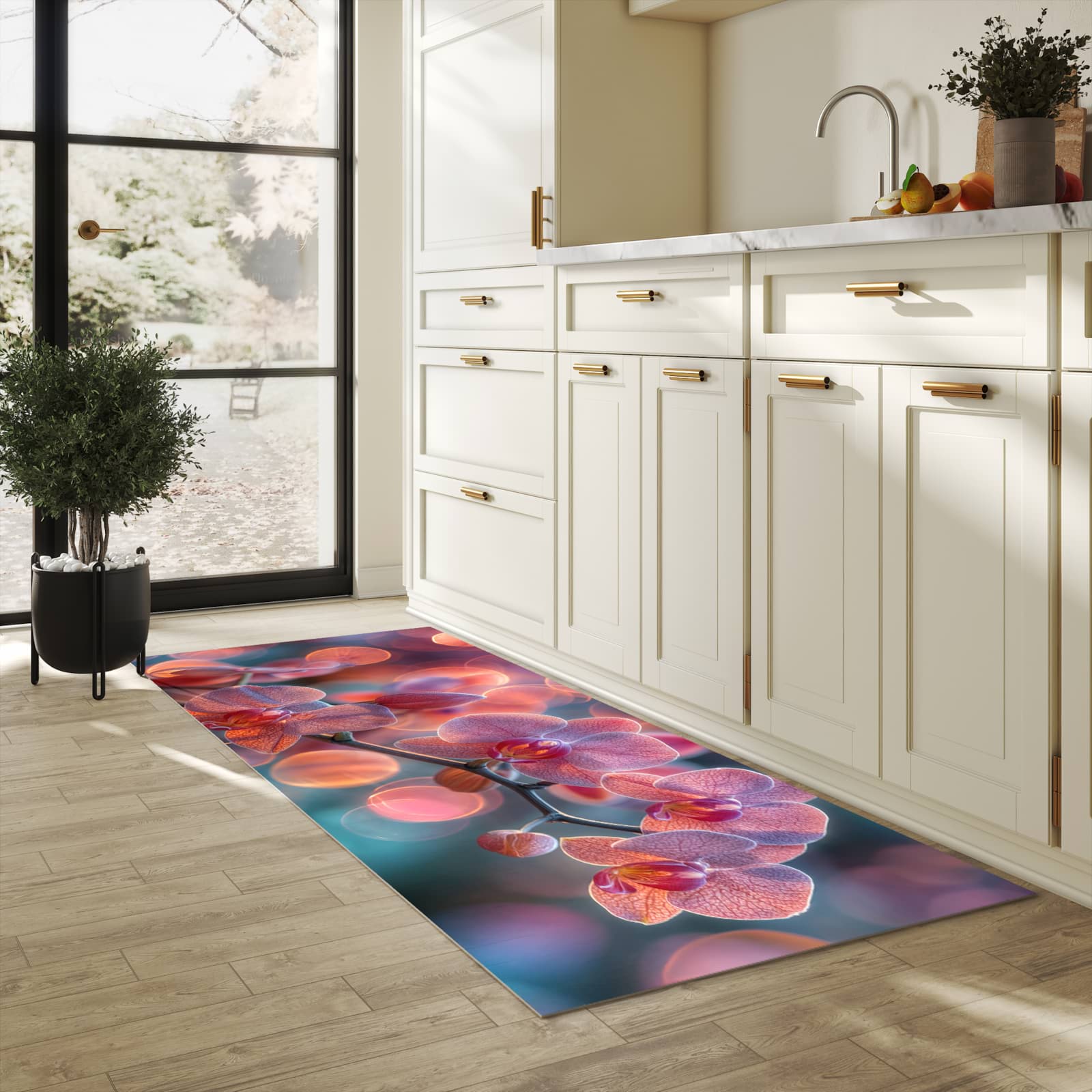 Langlebiger waschbarer Küchenläufer mit Motiv Orchidee Bokeh in heller Küche