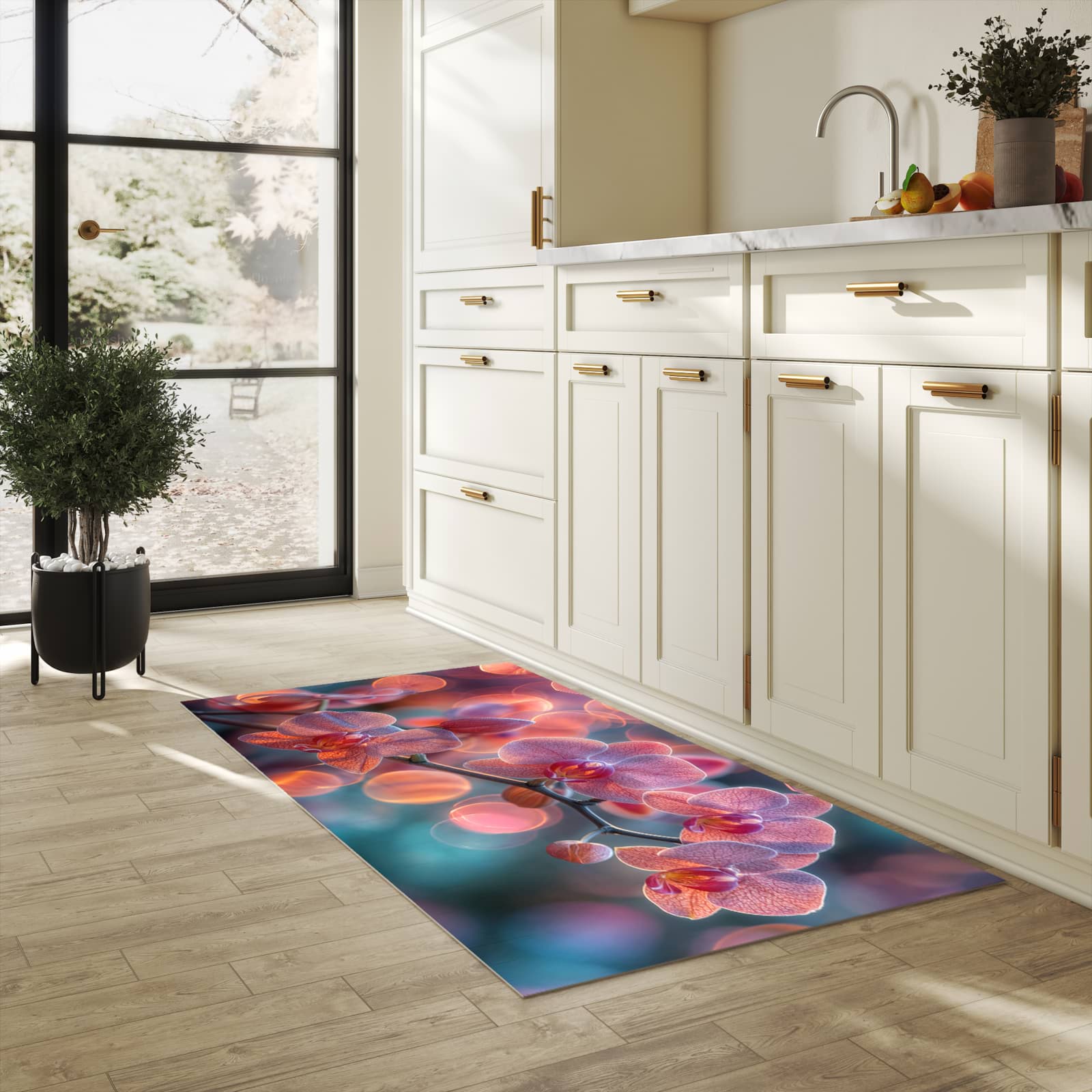 Geruchsneutraler rutschfester Küchenläufer mit Motiv Orchidee Bokeh in heller Küche