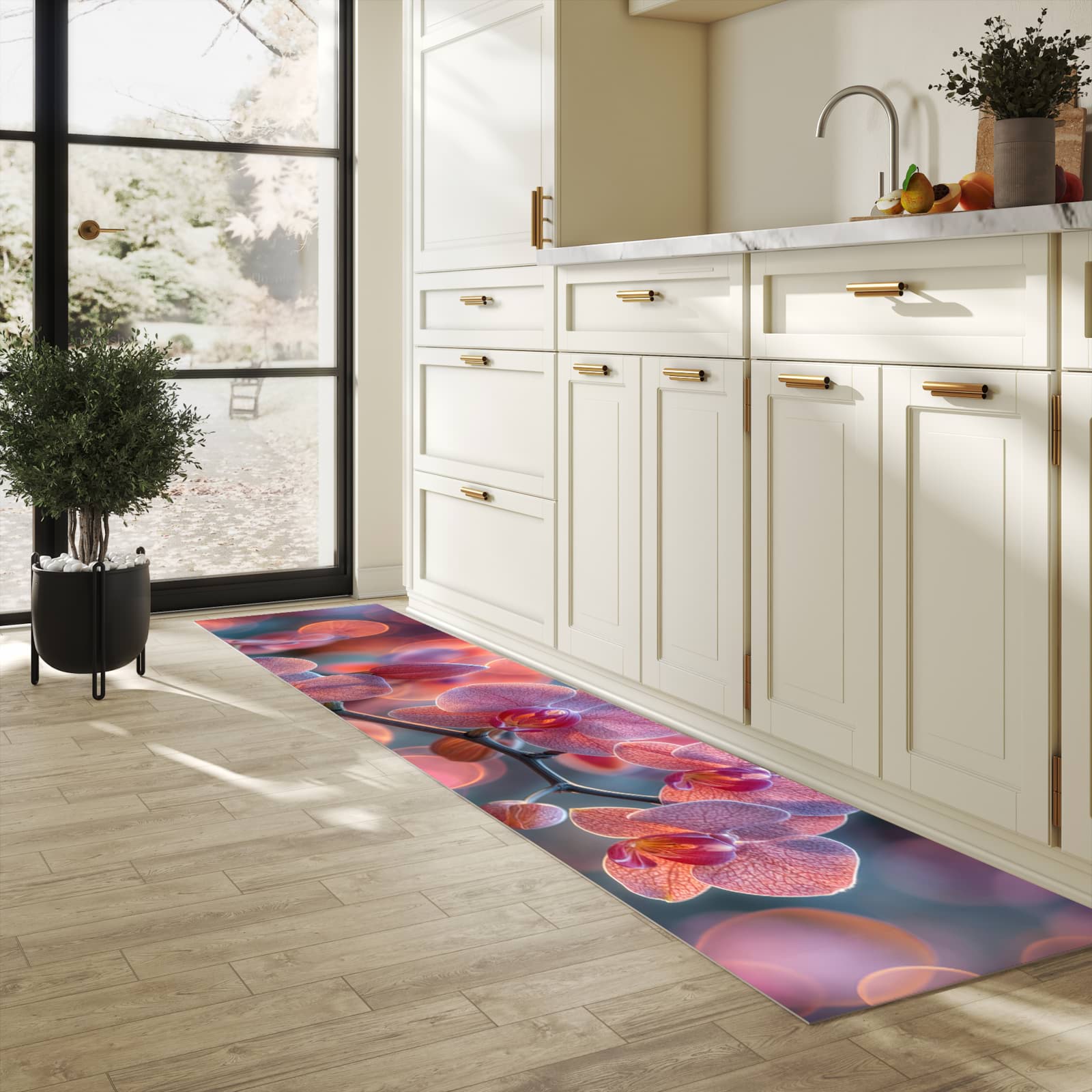 Abriebfester Küchenteppich mit Motiv Orchidee Bokeh in heller Küche