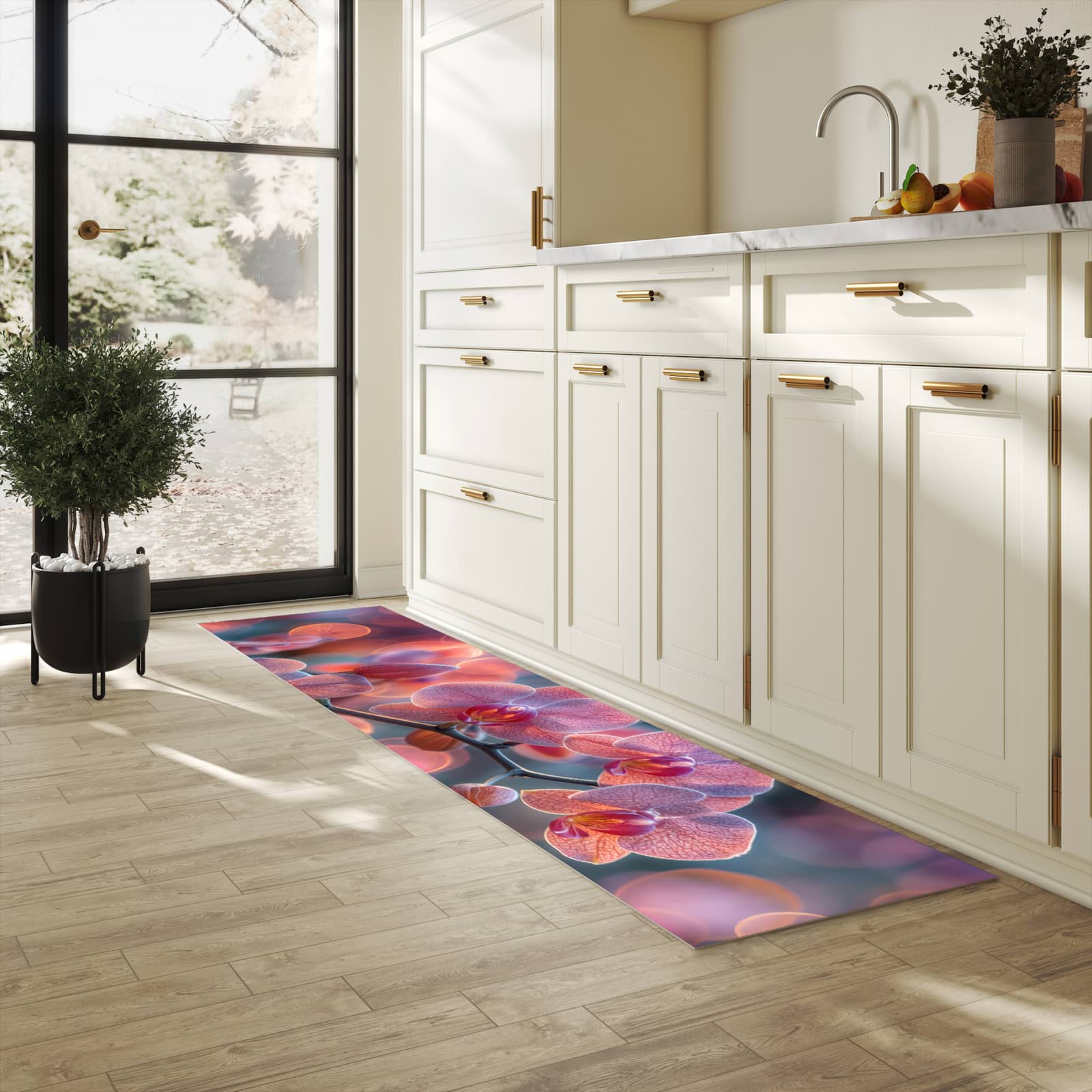 Geräuschdämpfender rutschfester Küchenteppich mit Motiv Orchidee Bokeh in heller Küche