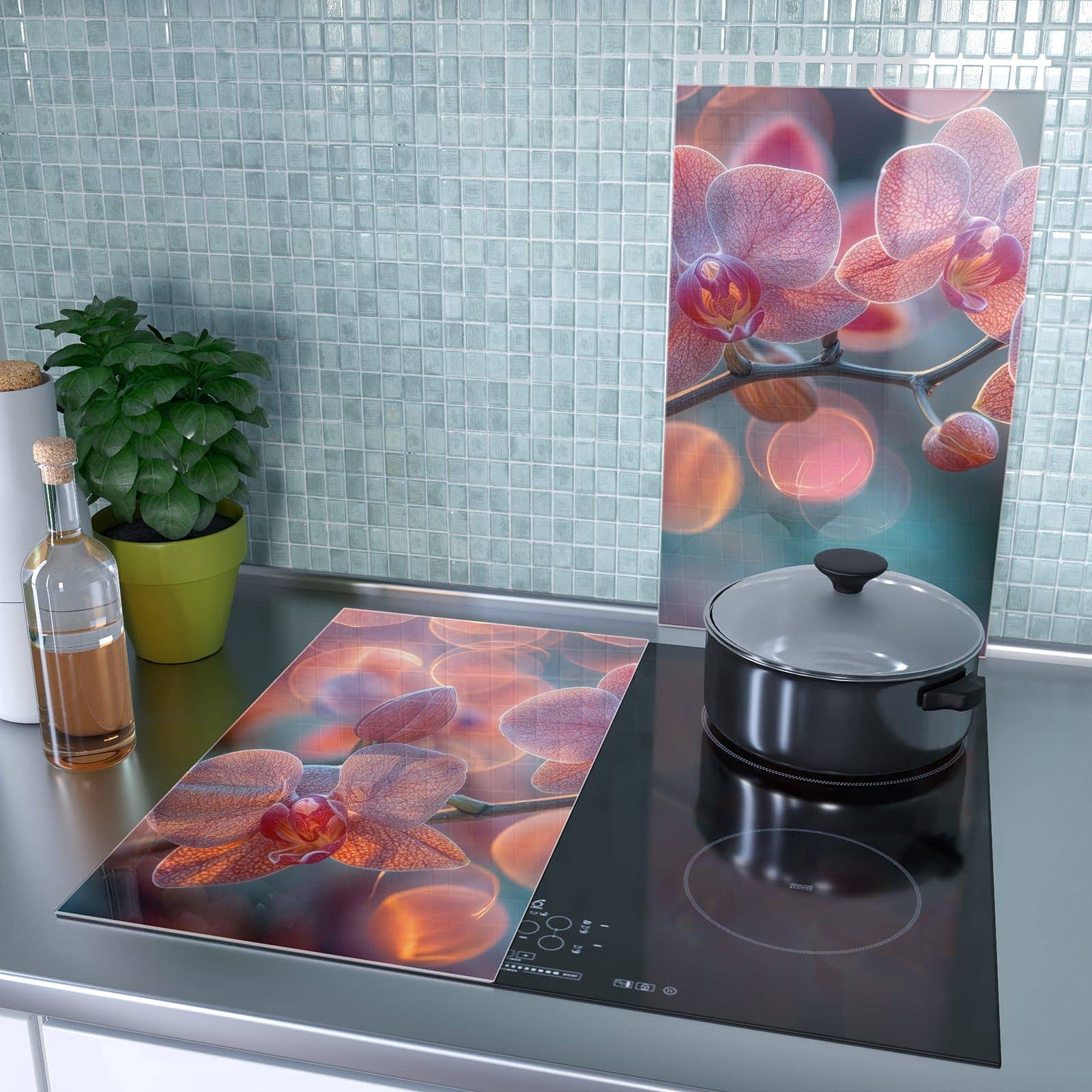 2-teilige Abdeckplatten Ceranfeld mit Orchidee Bokeh-Motiv als Spritzschutz hinter dem Kochfeld