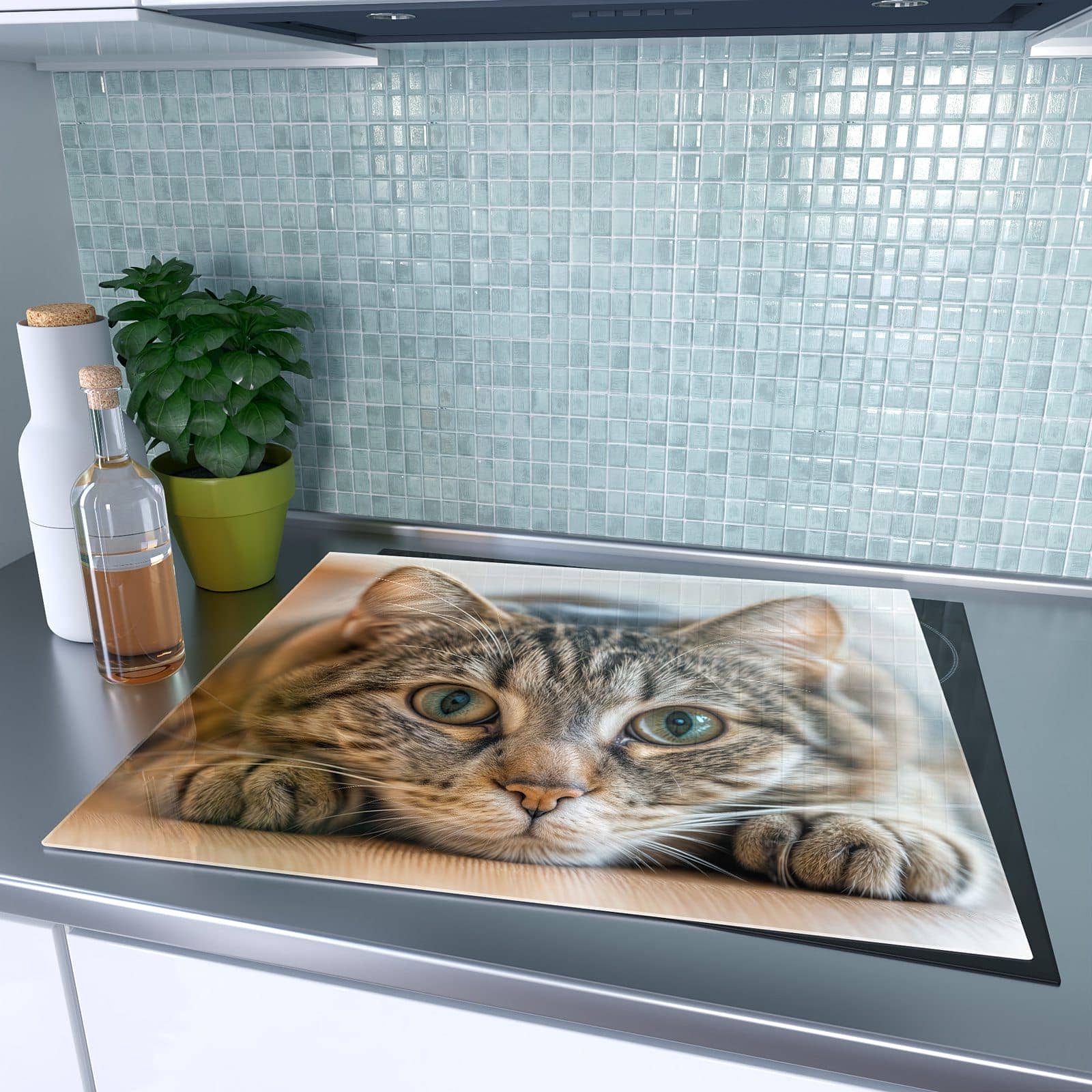 1-teilige Herdabdeckplatten für Ceranfeld mit Kuschelnde Katze-Motiv auf dem Ceranfeld