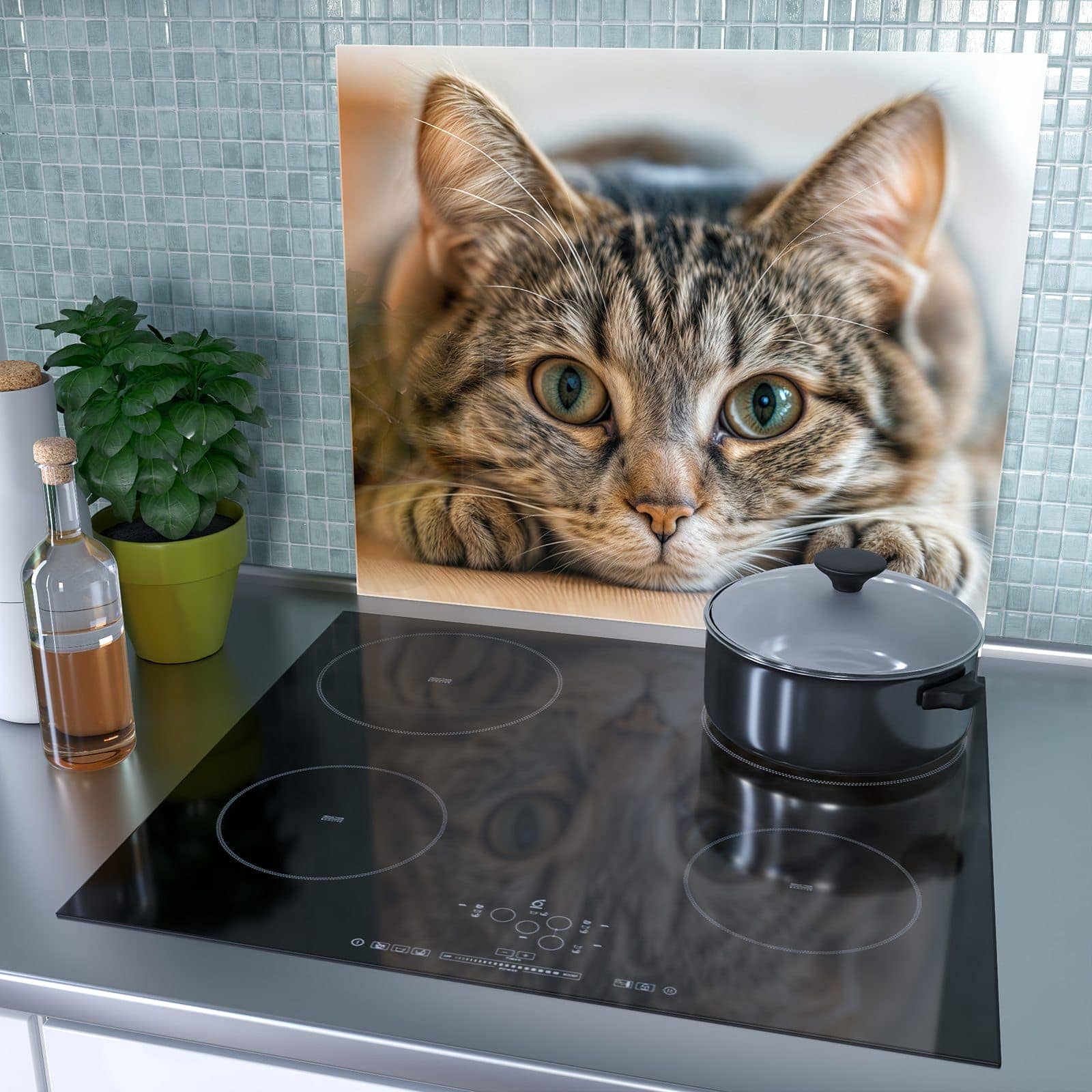 1-teilige Herdabdeckung für Induktionsfeld mit Kuschelnde Katze-Motiv als Spritzschutz hinter dem Kochfeld