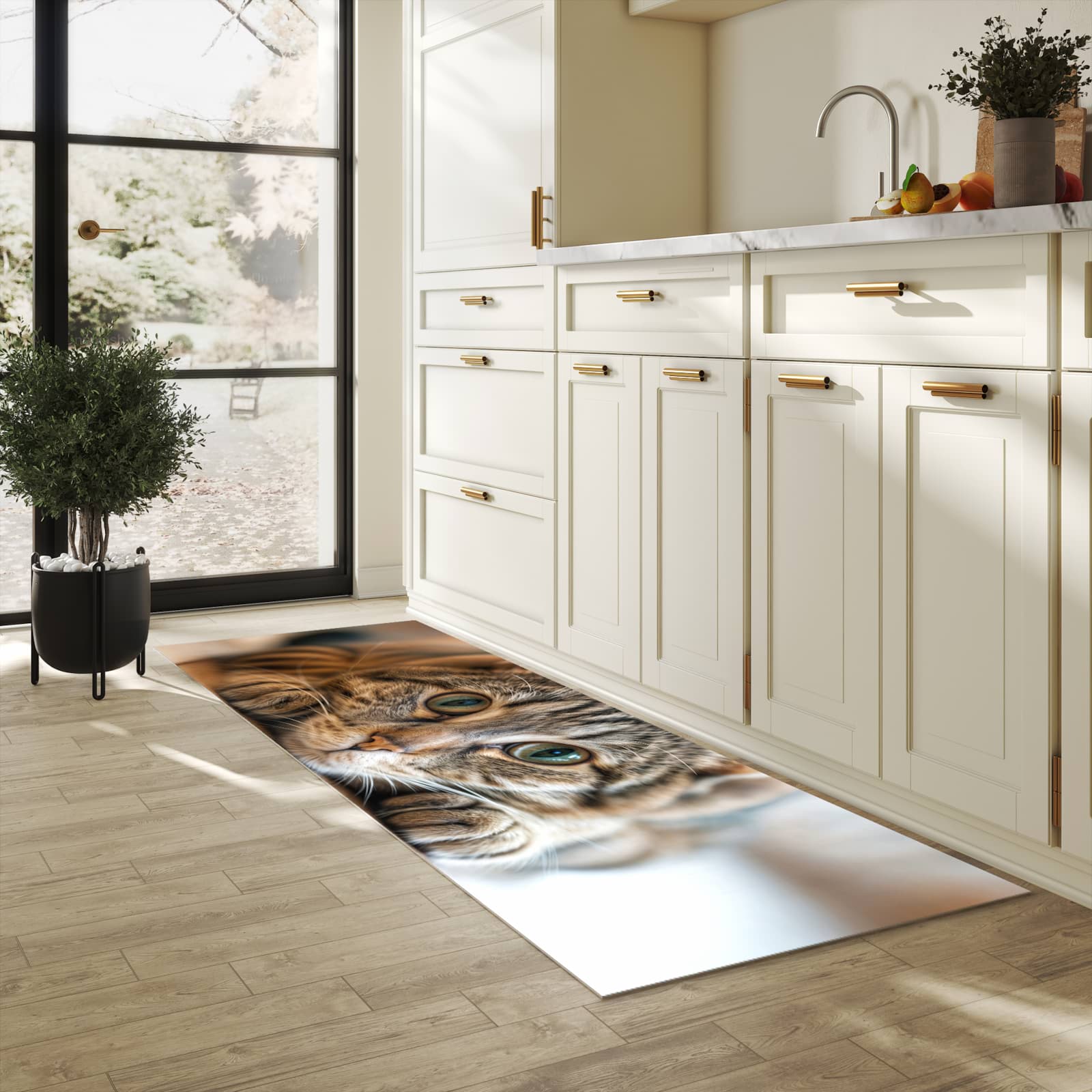 Rutschfester Bodenläufer-Teppich mit Motiv Katzenschmuseerlebnis in heller Küche
