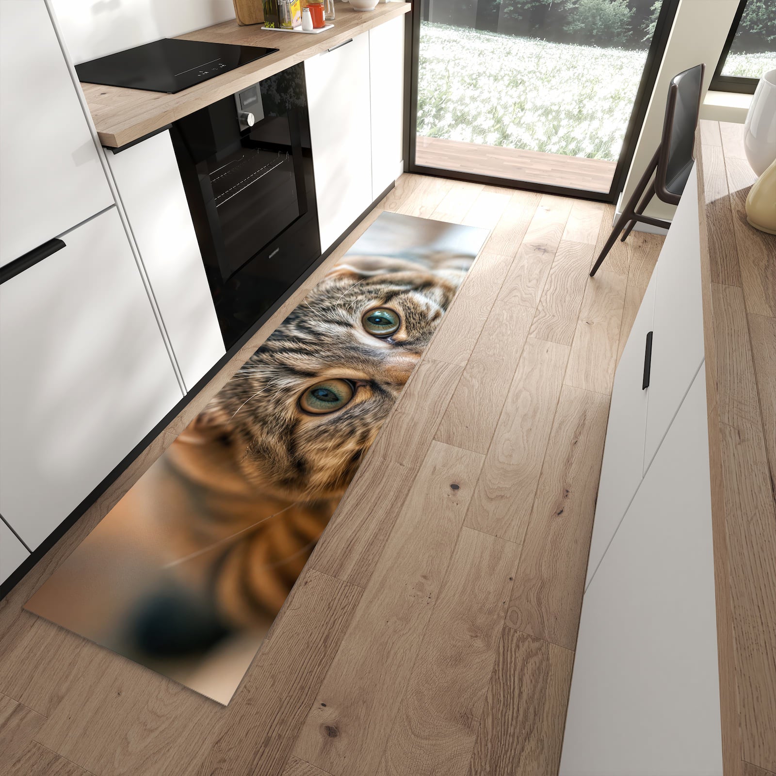 Rutschfester Küchenteppich mit Motiv Katzenschmuseerlebnis in moderner Küche