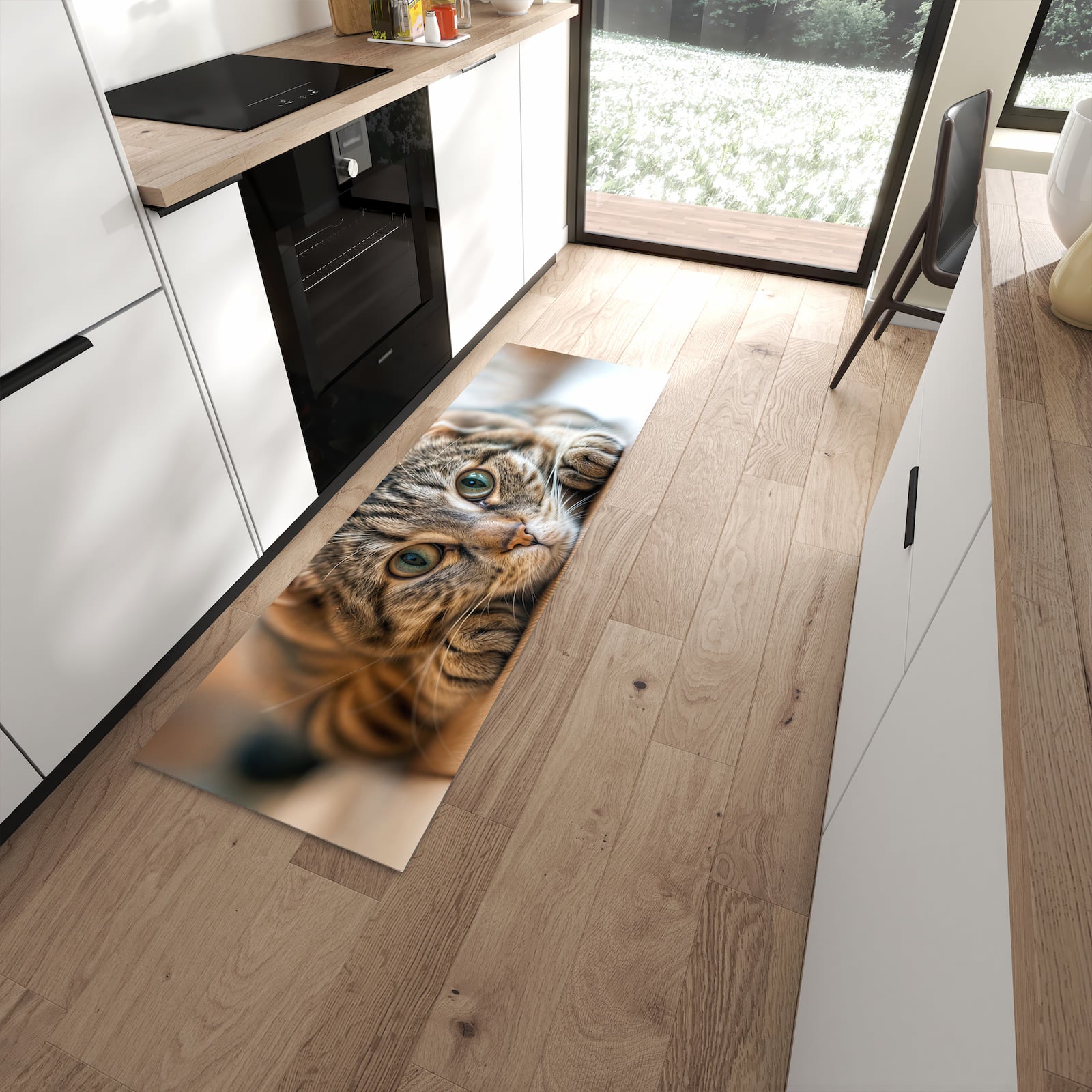 Komfortabler großer Küchenteppich mit Motiv Katzenschmuseerlebnis in moderner Küche