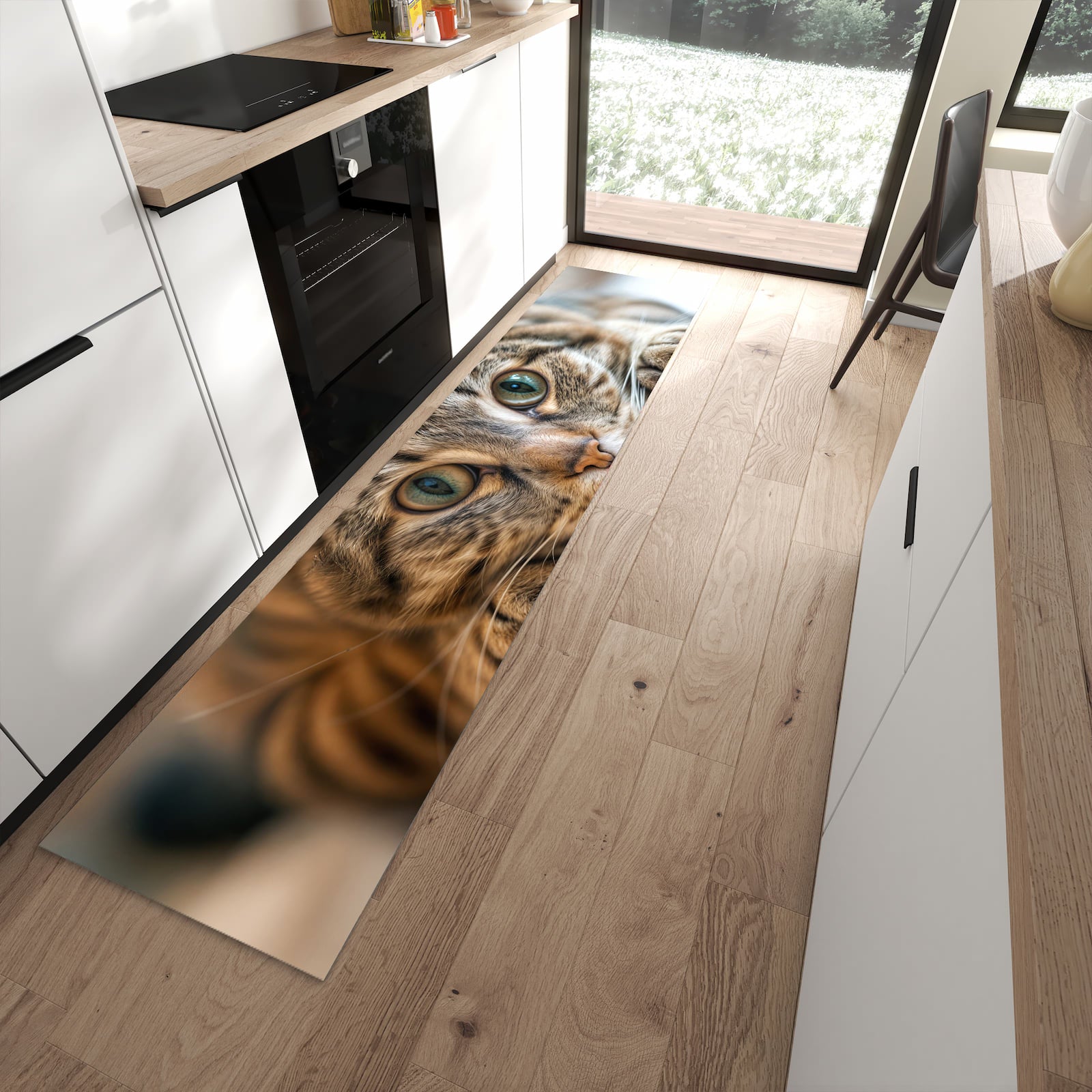 Waschbarer Küchenteppich mit Motiv Katzenschmuseerlebnis in moderner Küche