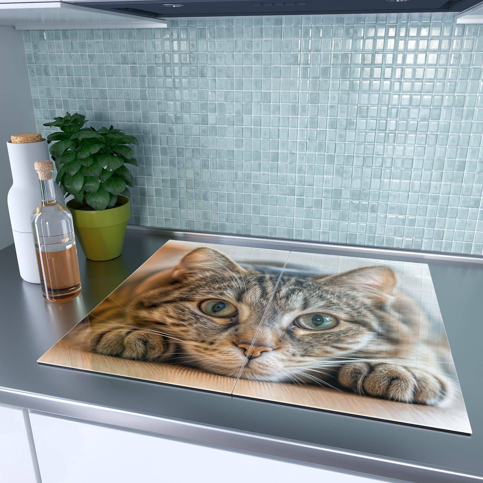 2-teilige Herdabdeckplatten aus Glas mit Kuschelnde Katze-Motiv auf dem Ceranfeld