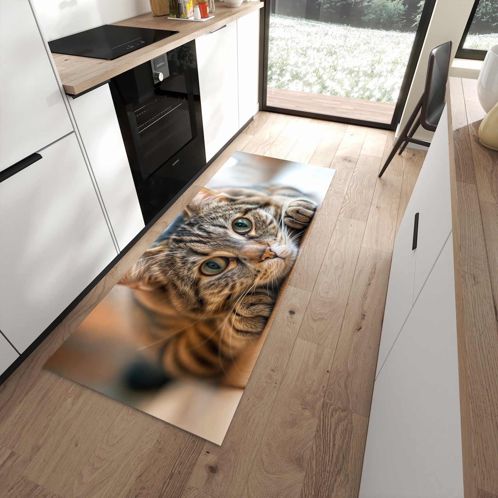 Strapazierfähiger Küchenläufer mit Motiv Katzenschmuseerlebnis in moderner Küche