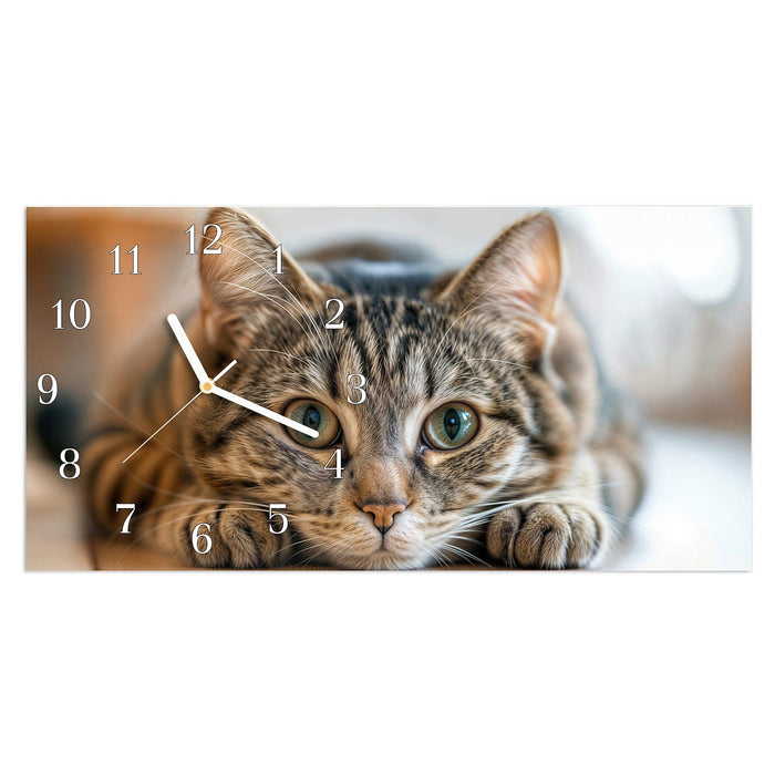 Wanduhr Kuschelnde Katze aus Glas – Querformat 60 × 30 cm mit Ziffernblatt Klassisch