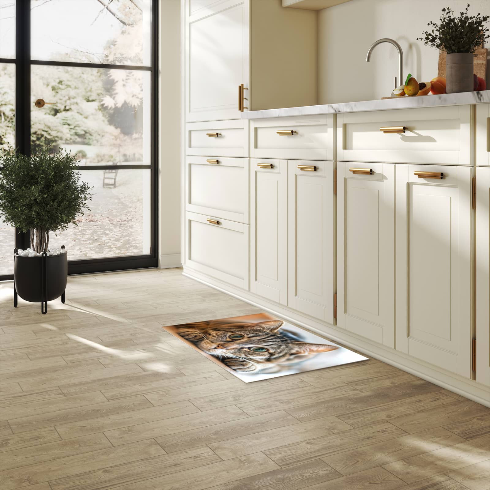 Waschbarer rutschfester Küchenteppich mit Motiv Katzenschmuseerlebnis in heller Küche