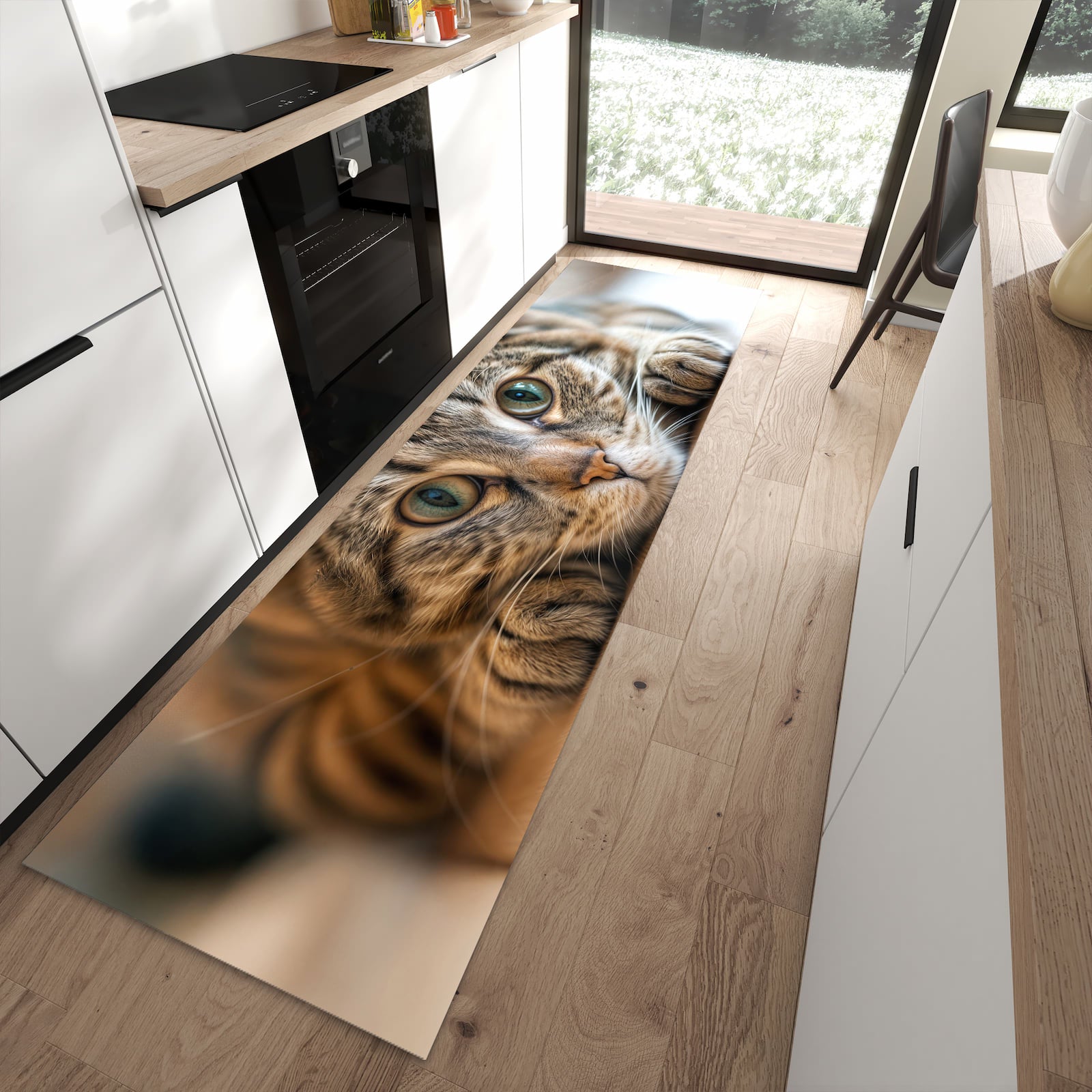Langlebiger rutschfester Küchenläufer mit Motiv Katzenschmuseerlebnis in moderner Küche