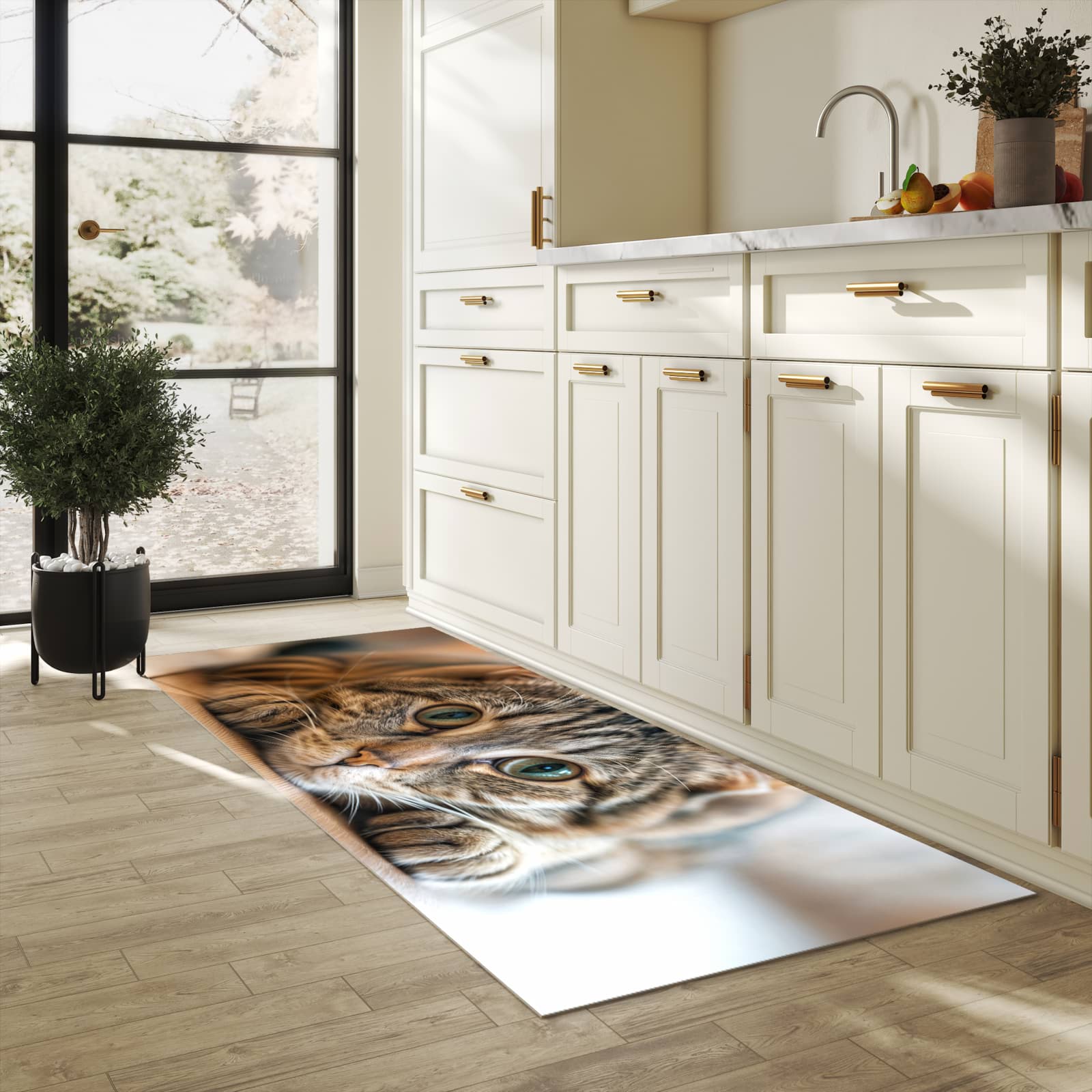 Bodenschonender rutschfester Küchenteppich mit Motiv Katzenschmuseerlebnis in heller Küche
