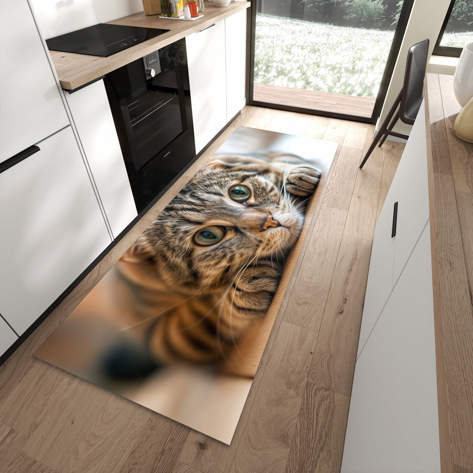 Bodenschonender rutschfester Küchenläufer mit Motiv Katzenschmuseerlebnis in moderner Küche