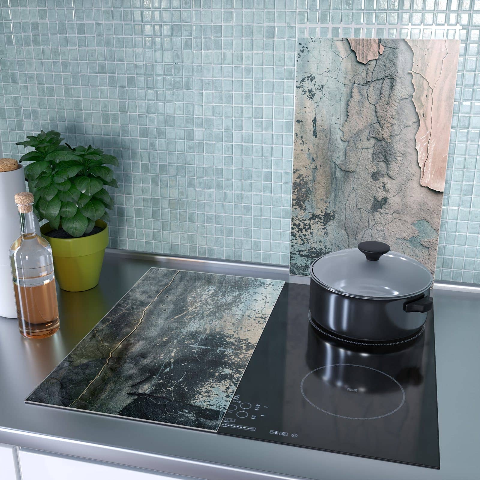 2-teilige Abdeckplatten für Herd mit Abstrakte Textur-Motiv als Spritzschutz hinter dem Kochfeld