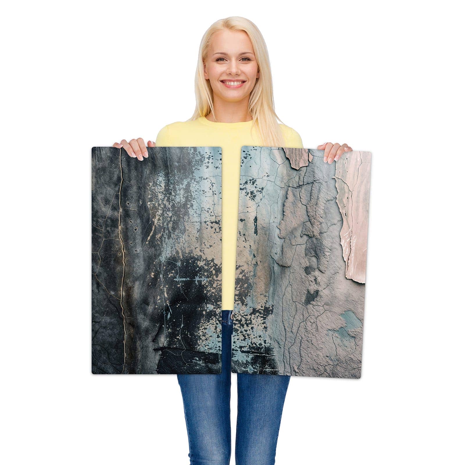 2-teilige Herdabdeckplatte für Ceranfeld mit Abstrakte Textur-Motiv wird zur Größendarstellung gehalten