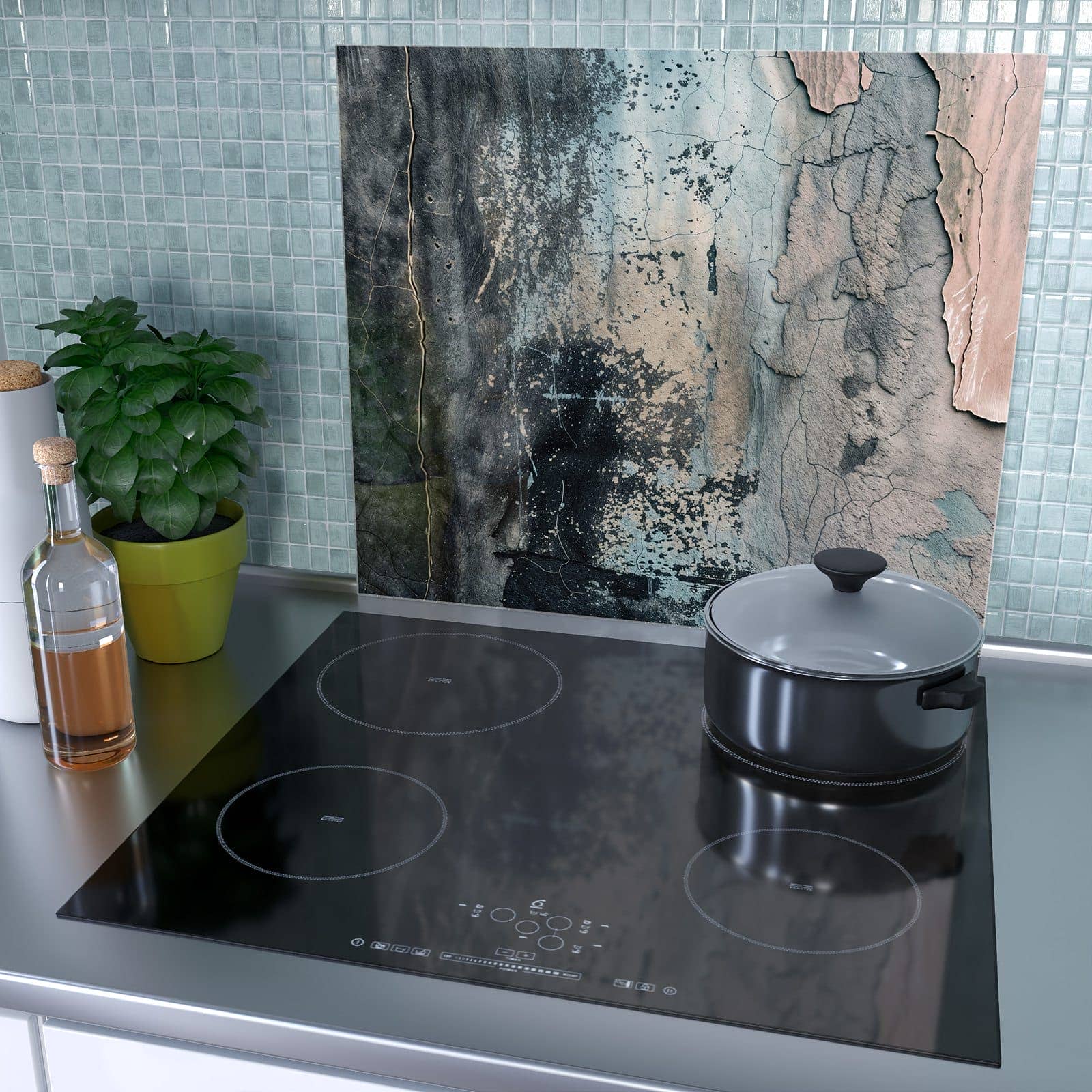 1-teilige Glasplatte für Herd mit Abstrakte Textur-Motiv als Spritzschutz hinter dem Kochfeld