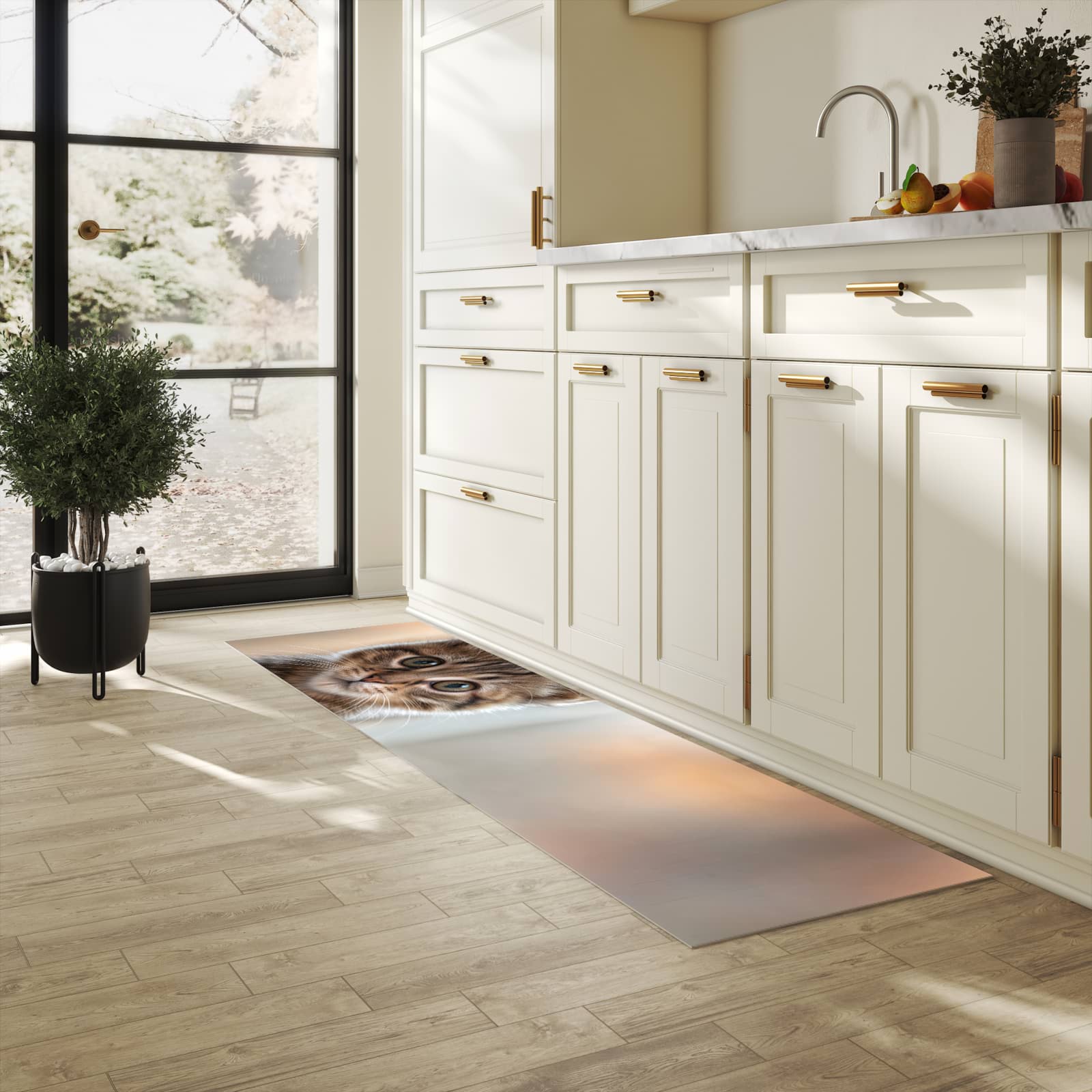 Strapazierfähiger abwaschbarer Küchenläufer mit Motiv Katzenjunges in heller Küche