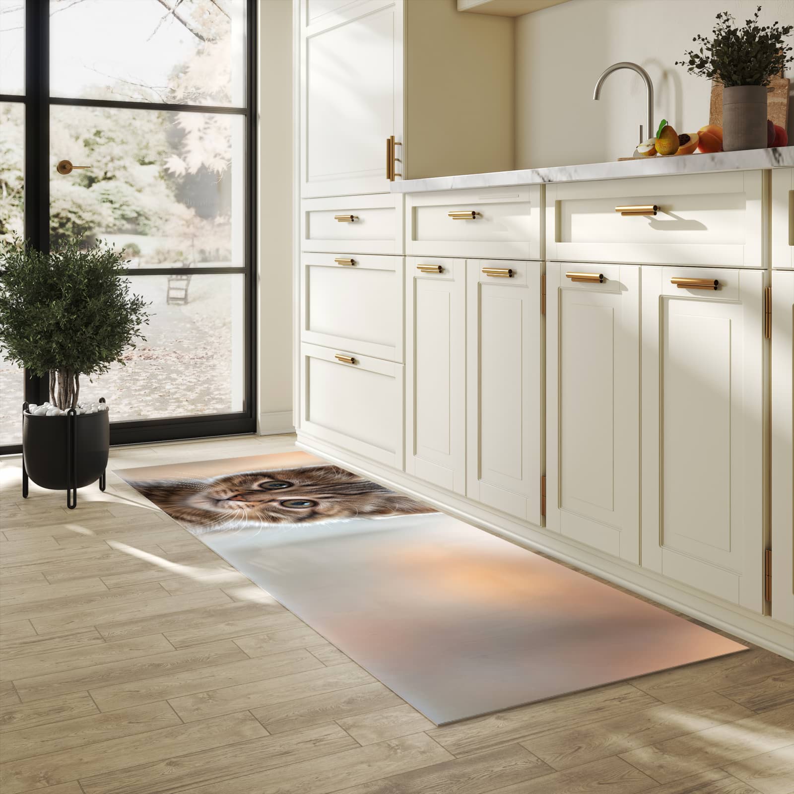 Bodenschonender Küchenteppich mit Motiv Katzenjunges in heller Küche