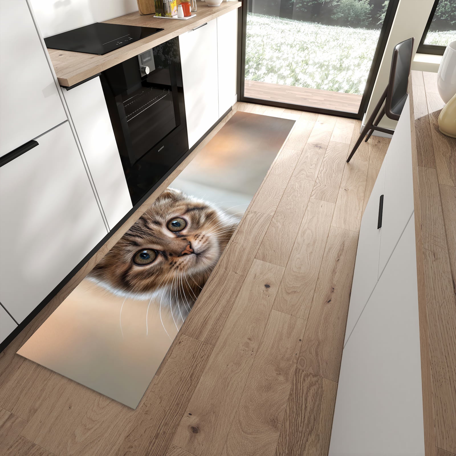 Hygienischer Küchenteppich mit Motiv Katzenjunges in moderner Küche - waschbar