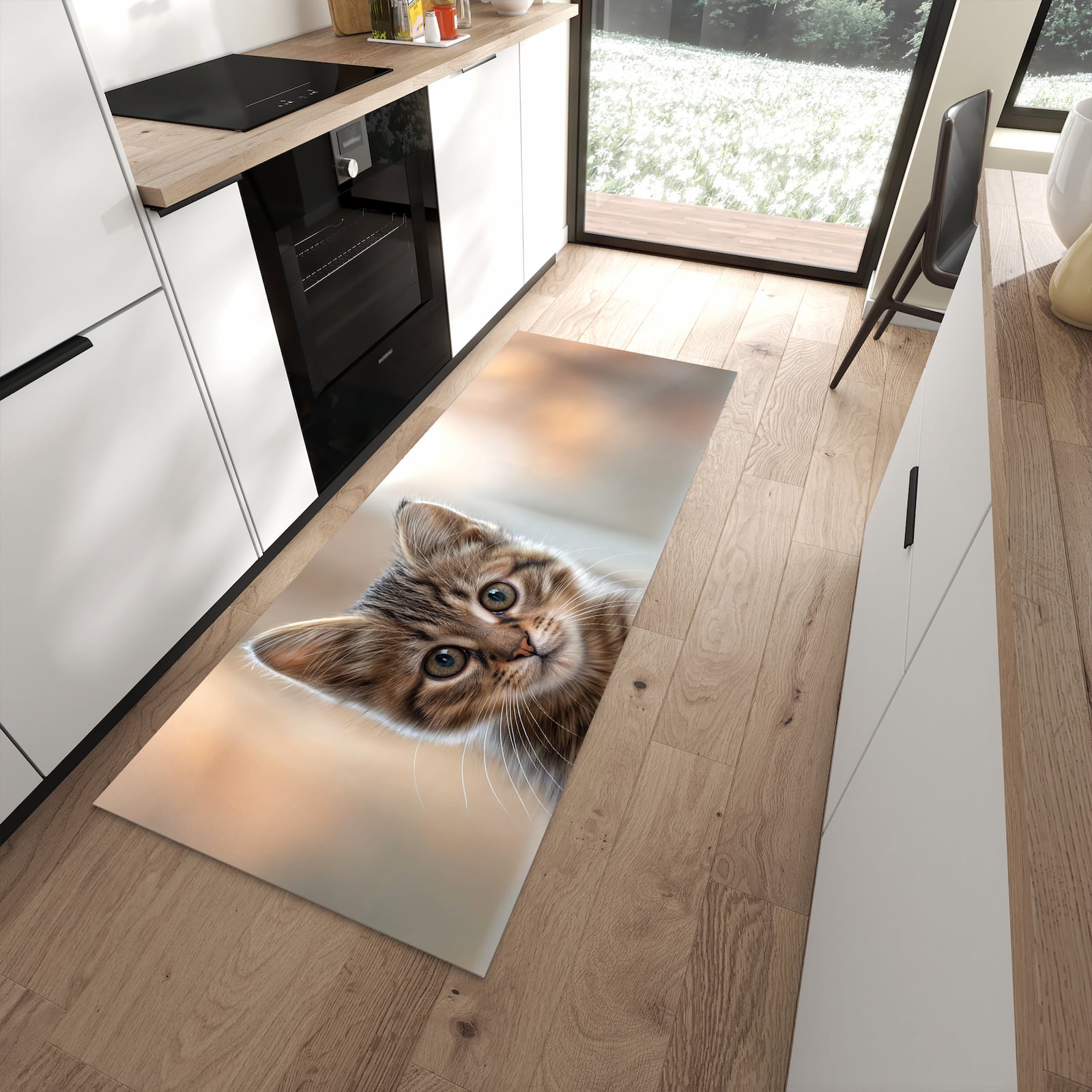 Langlebiger Küchenläufer mit Motiv Katzenjunges in moderner Küche