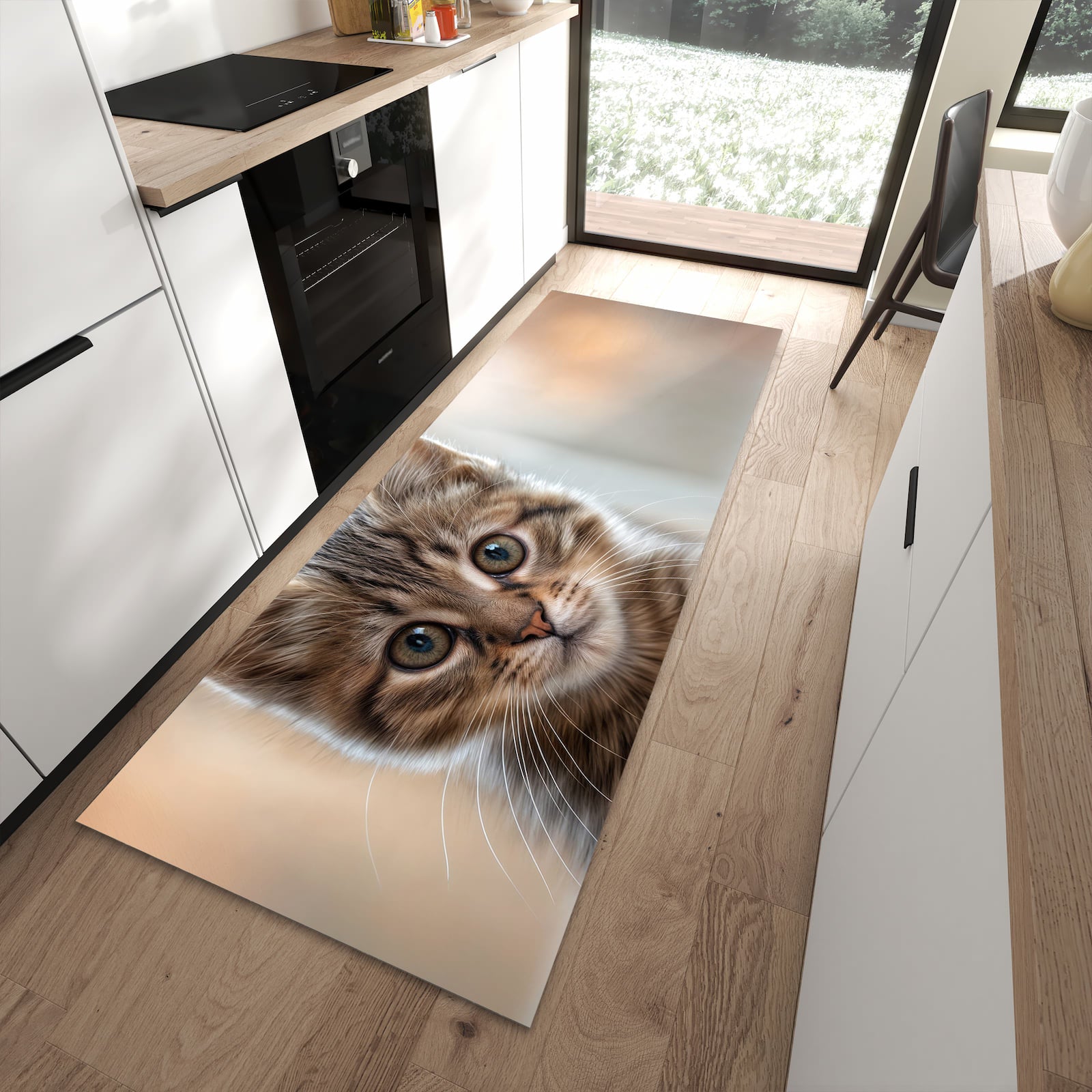 Bodenschonender rutschfester Läufer mit Motiv Katzenjunges in moderner Küche