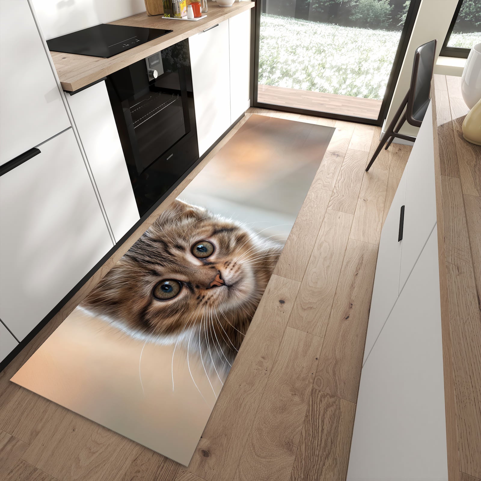 Feuchtigkeitsresistenter waschbarer Küchenläufer mit Motiv Katzenjunges in moderner Küche